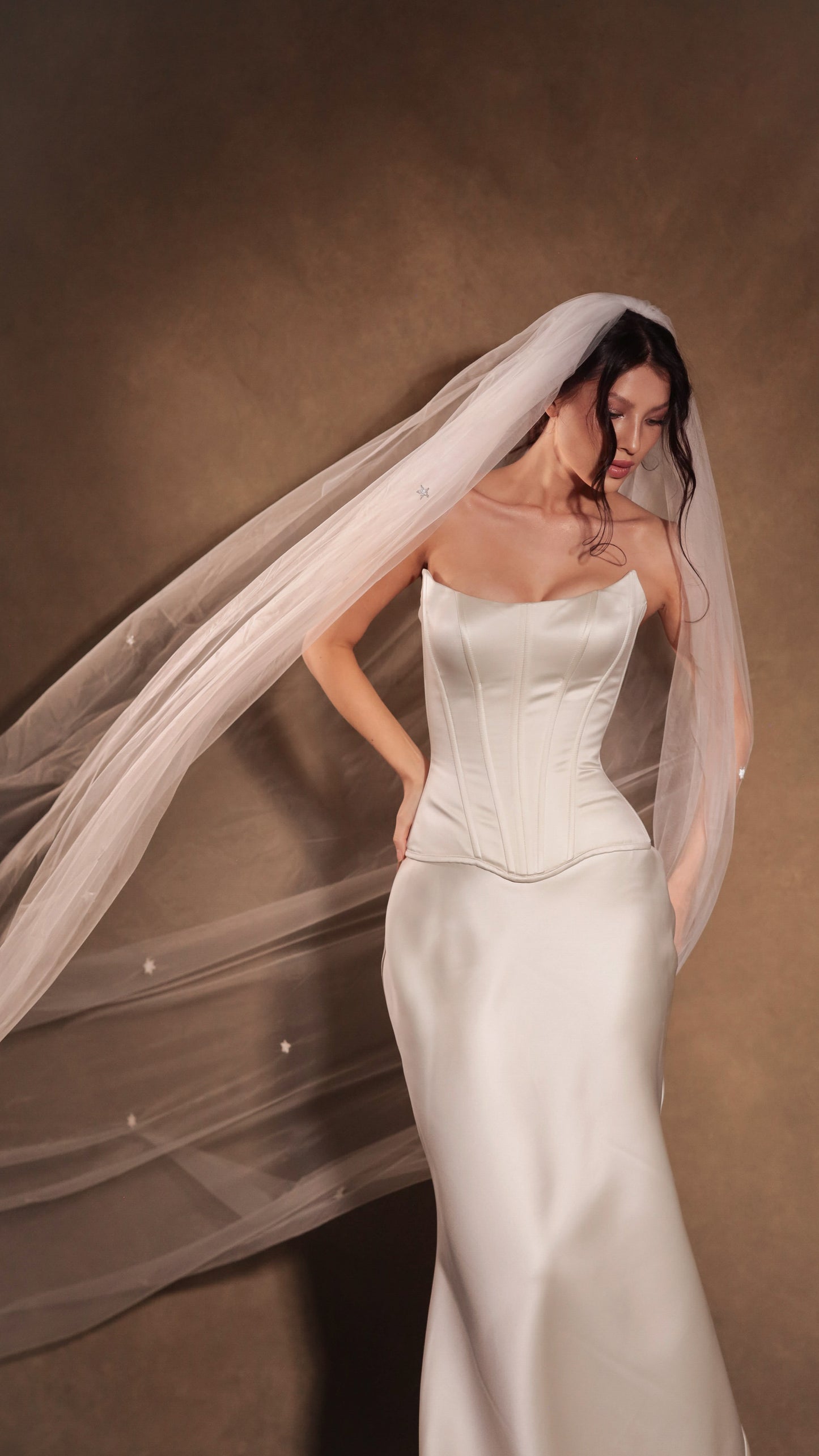 Bridal satin dropped waist Basque waist corset in ivory, vintage-style wedding dress by Boom Blush.