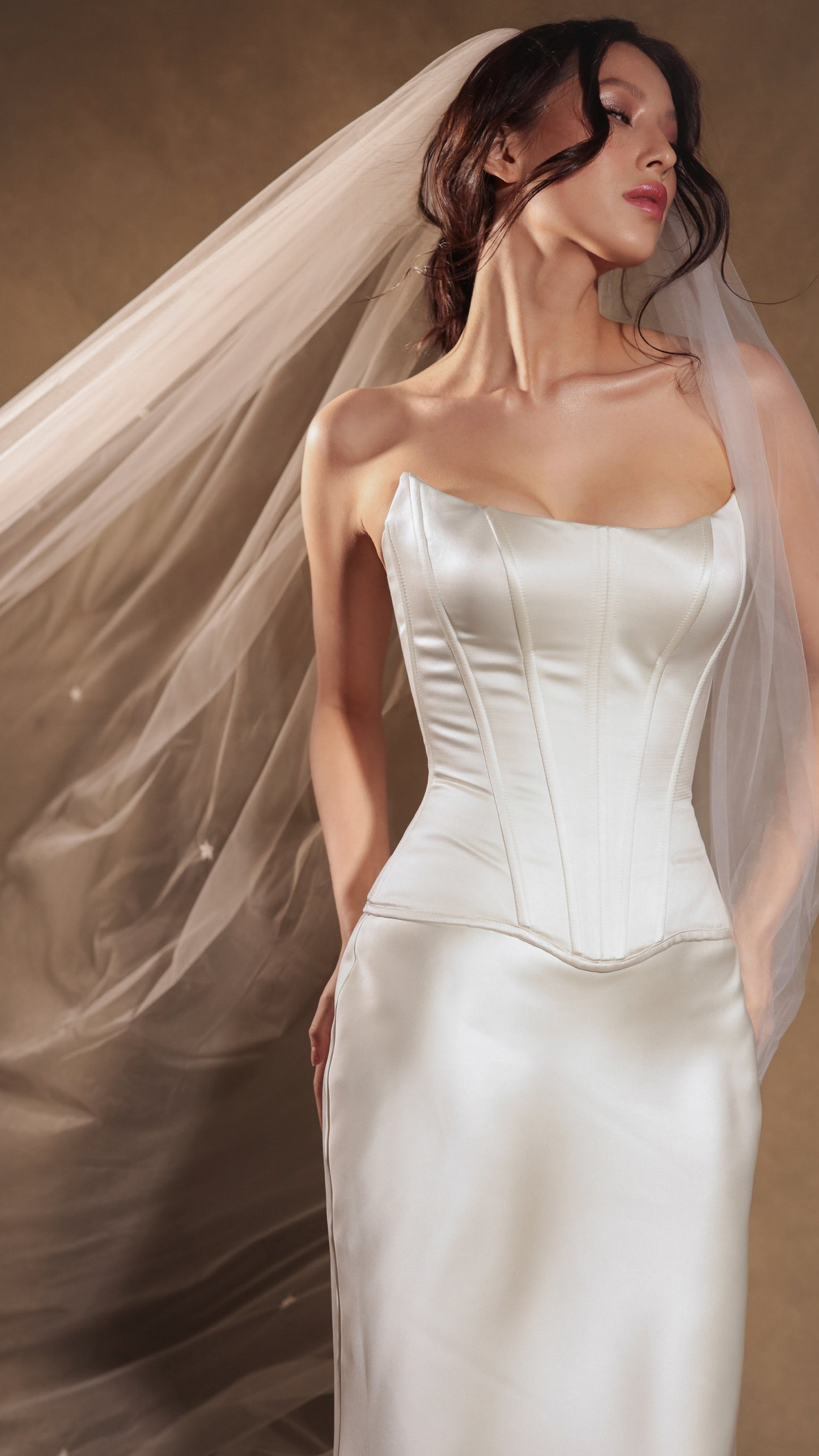 Bridal satin dropped waist Basque waist corset in ivory, vintage-style wedding dress by Boom Blush.