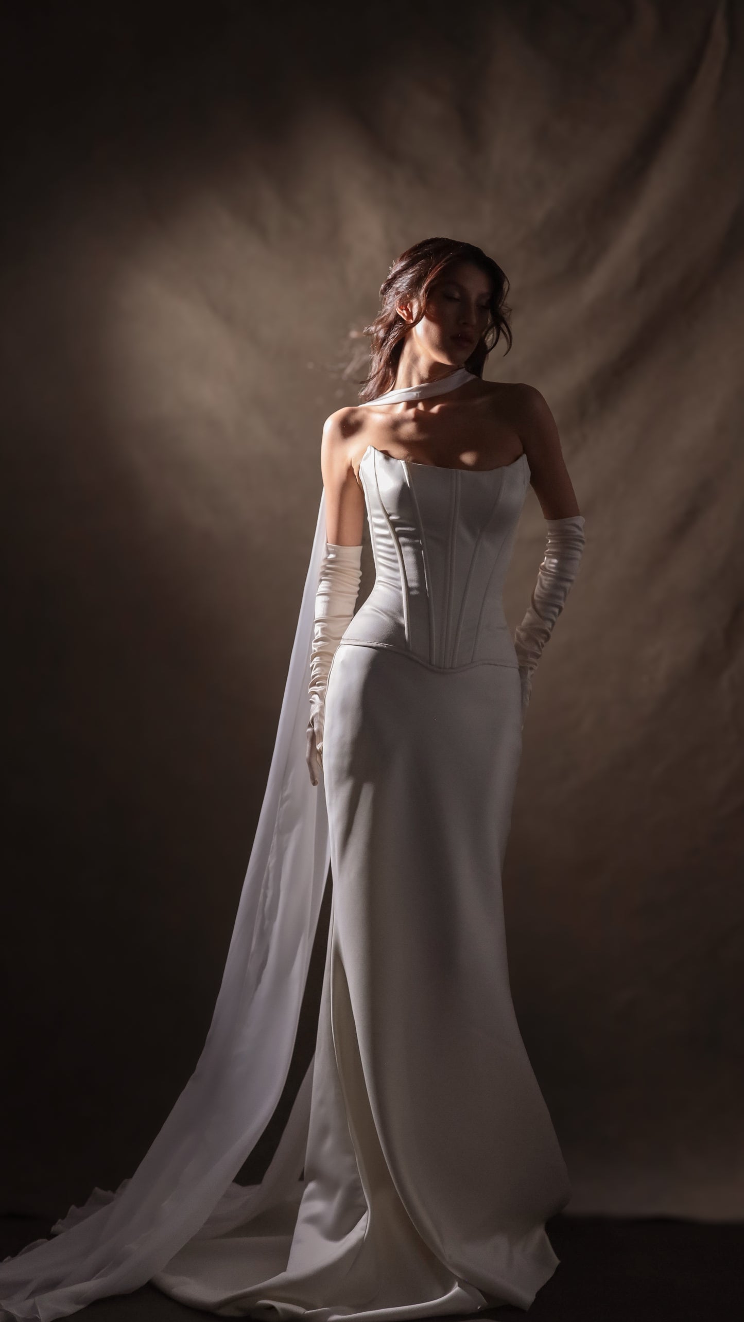 Bridal satin dropped waist Basque waist corset in ivory, vintage-style wedding dress by Boom Blush.
