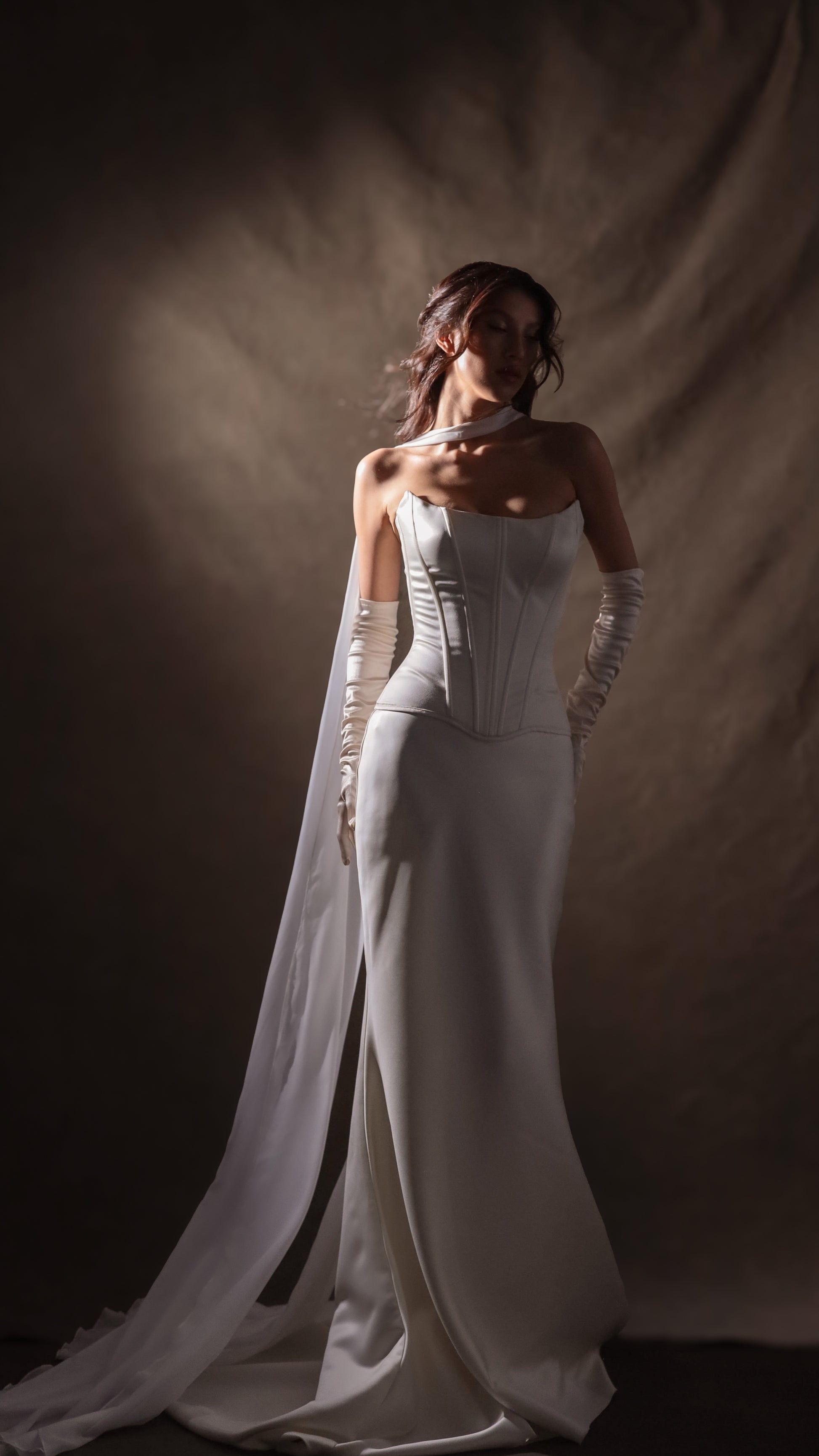 Bridal satin dropped waist Basque waist corset in ivory, vintage-style wedding dress by Boom Blush.