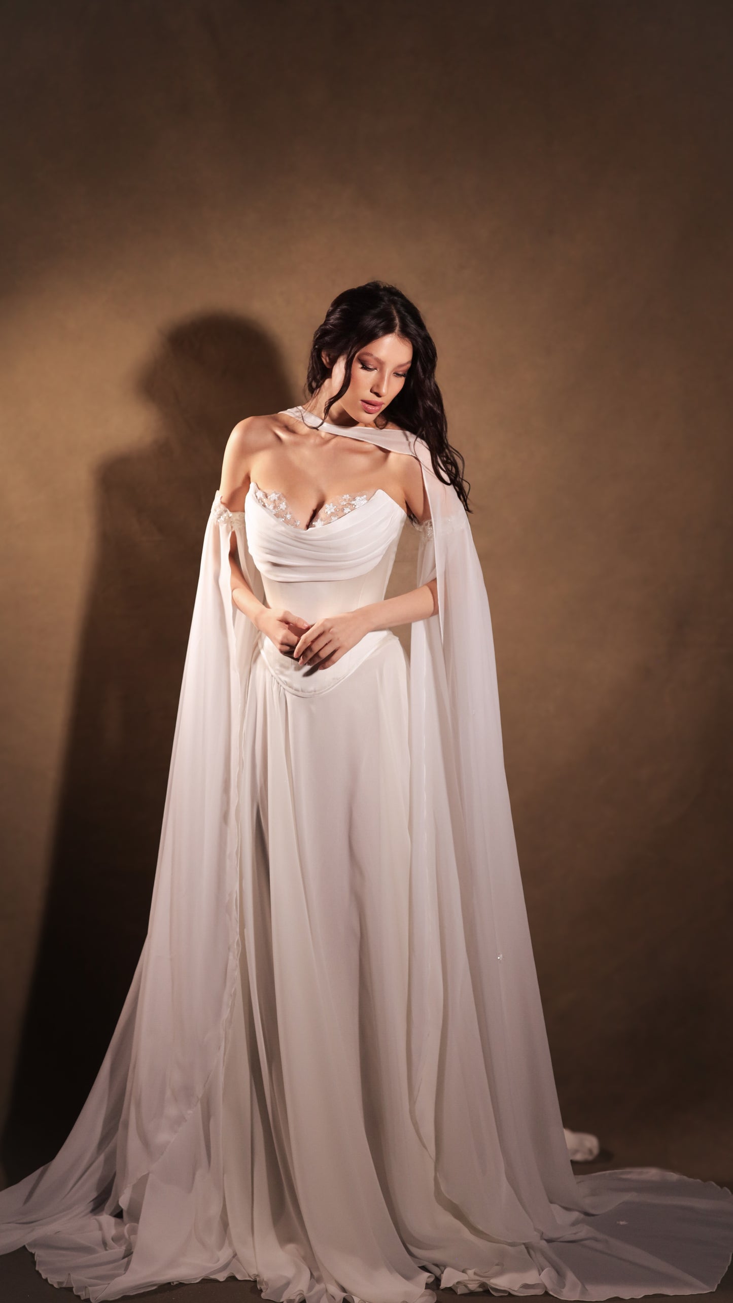Bridal dropped waist Basque waist corset in ivory, vintage-style wedding dress by Boom Blush.