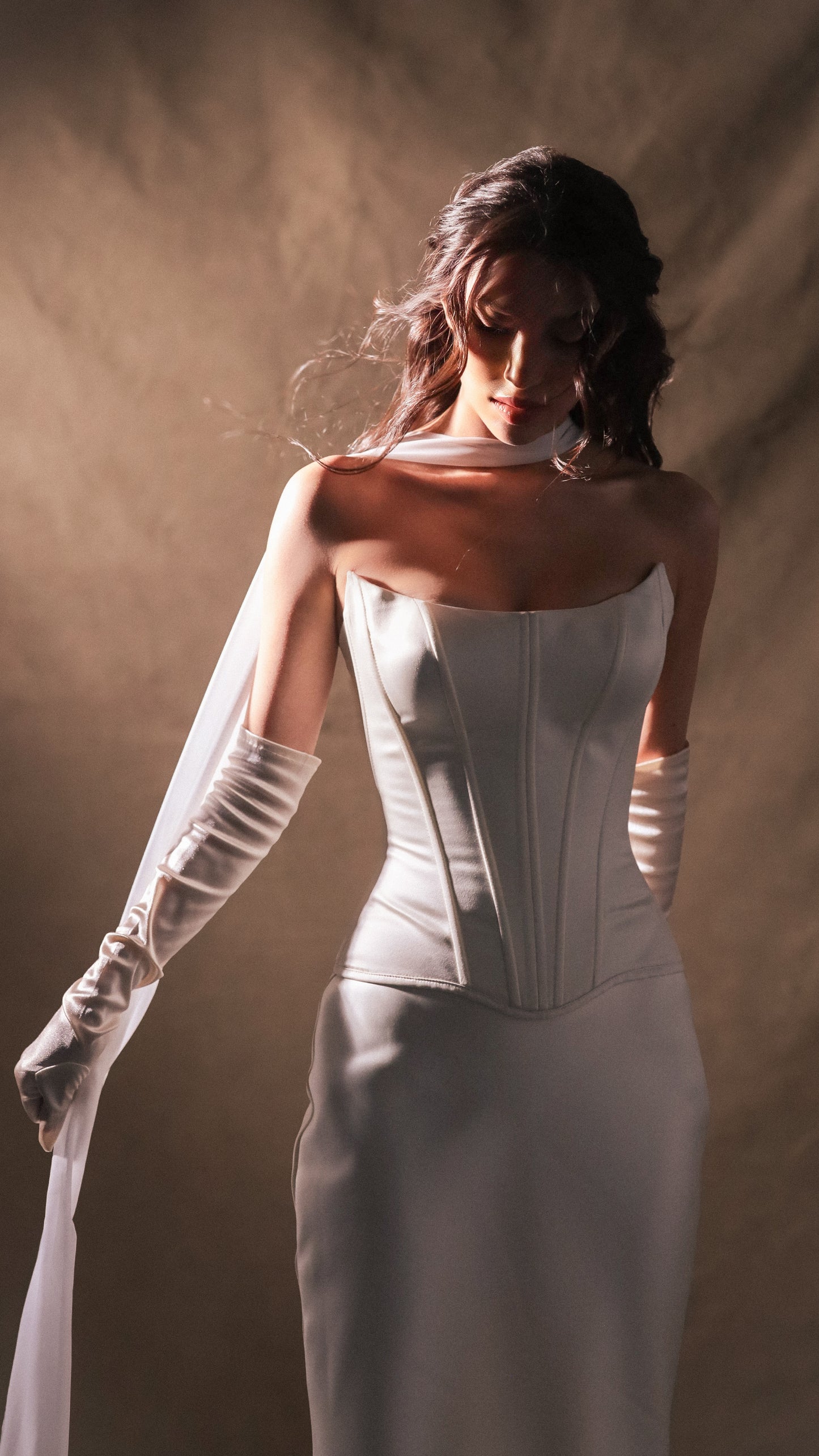 Bridal satin dropped waist Basque waist corset in ivory, vintage-style wedding dress by Boom Blush.