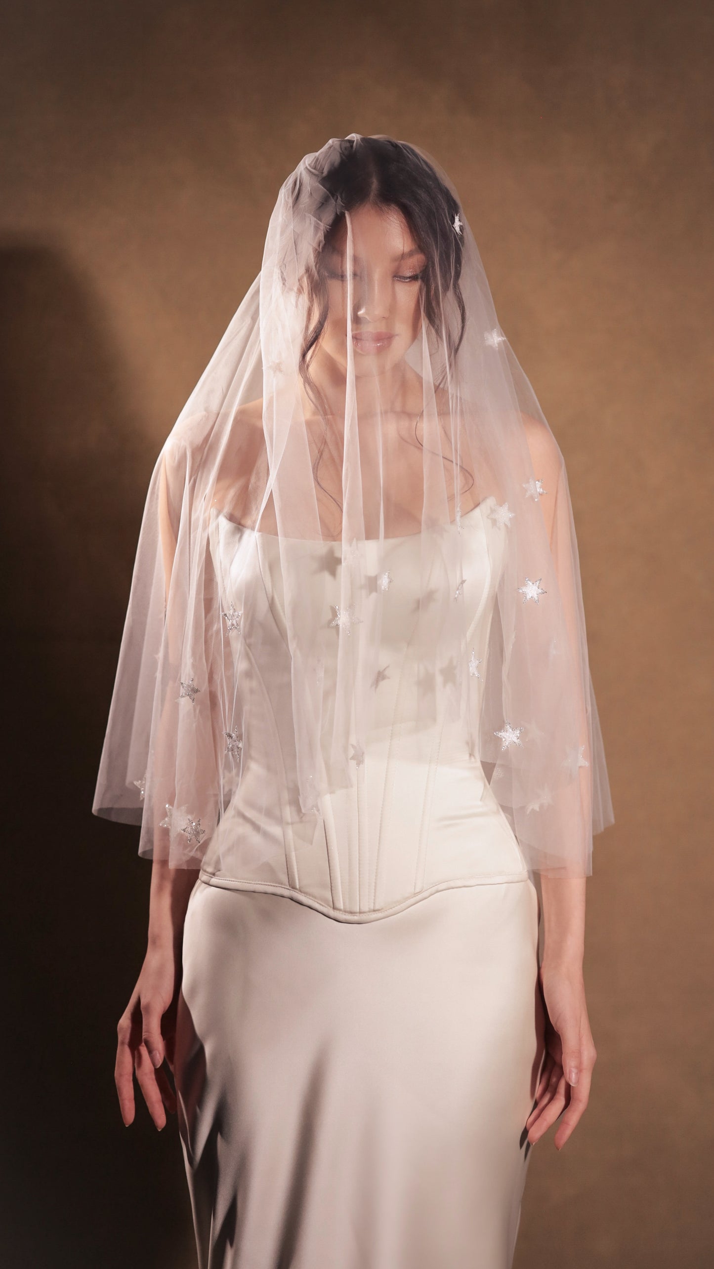 Two-tier bridal veil with blusher, adorned with glowing stars, crafted from soft French tulle in a soft white sheer hue, by Boom Blush.