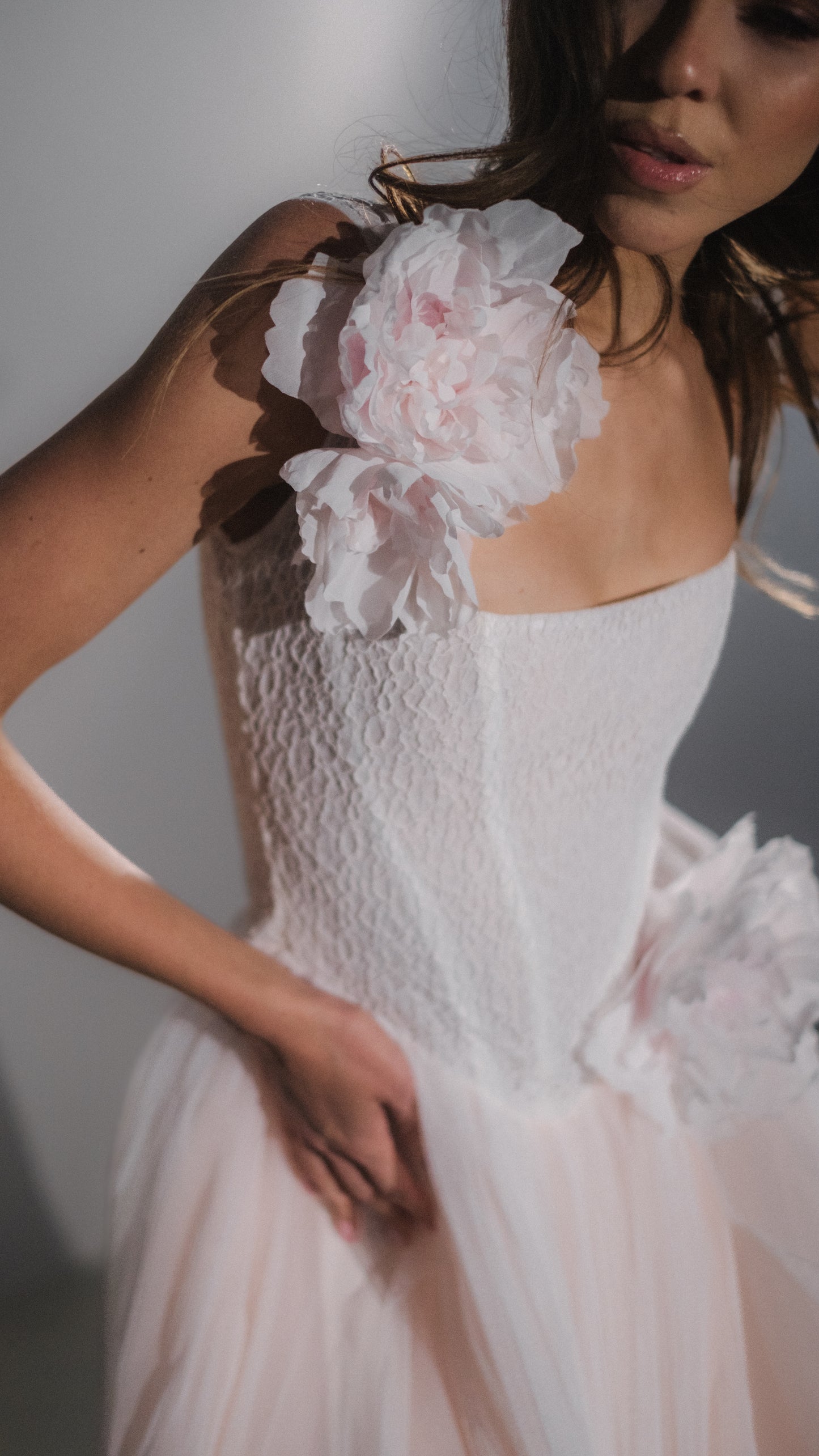 Blush Basque Waist Wedding Dress with Lace Corset and Silk Flowers