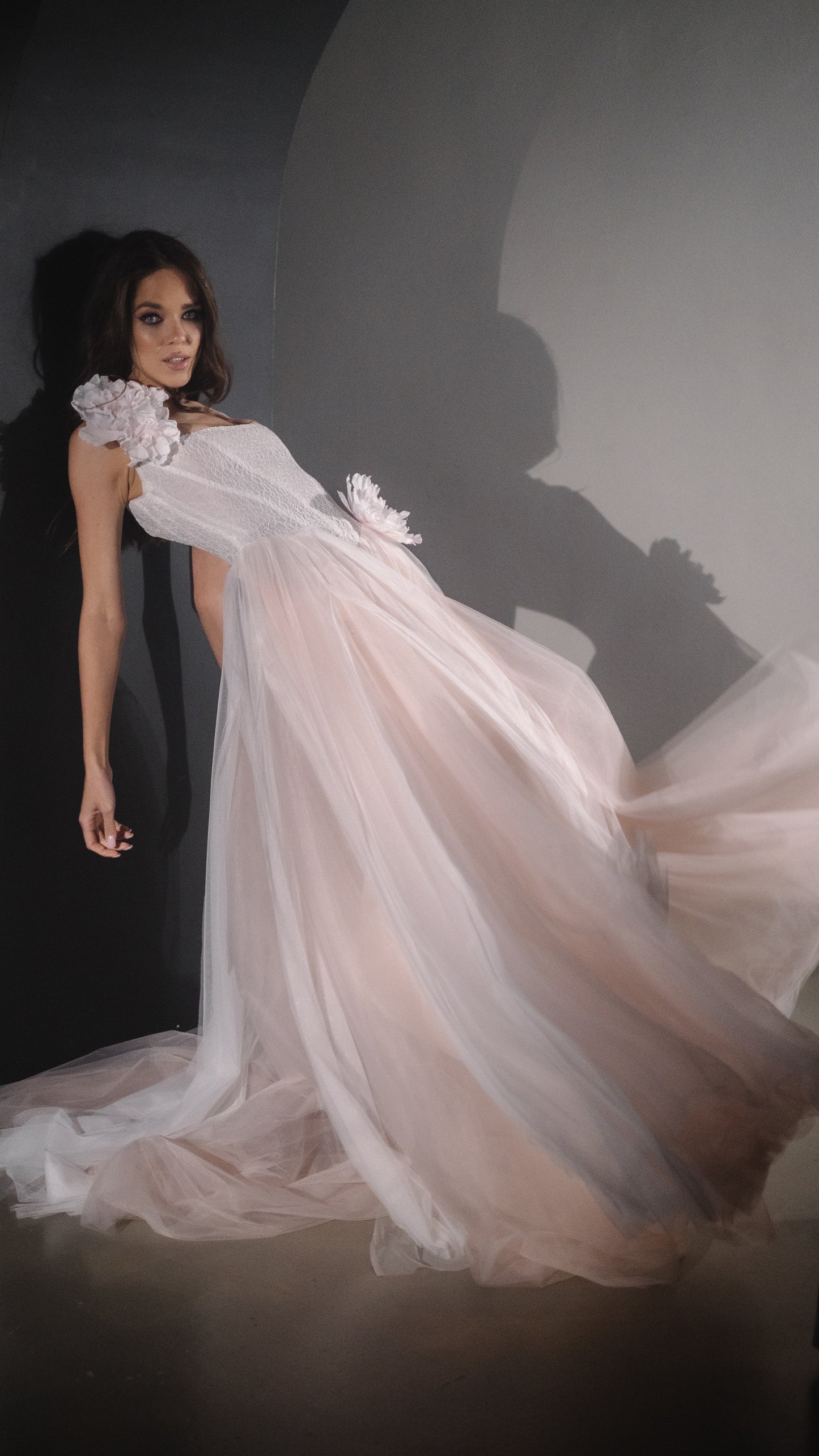 Blush Basque Waist Wedding Dress with Lace Corset and Silk Flowers