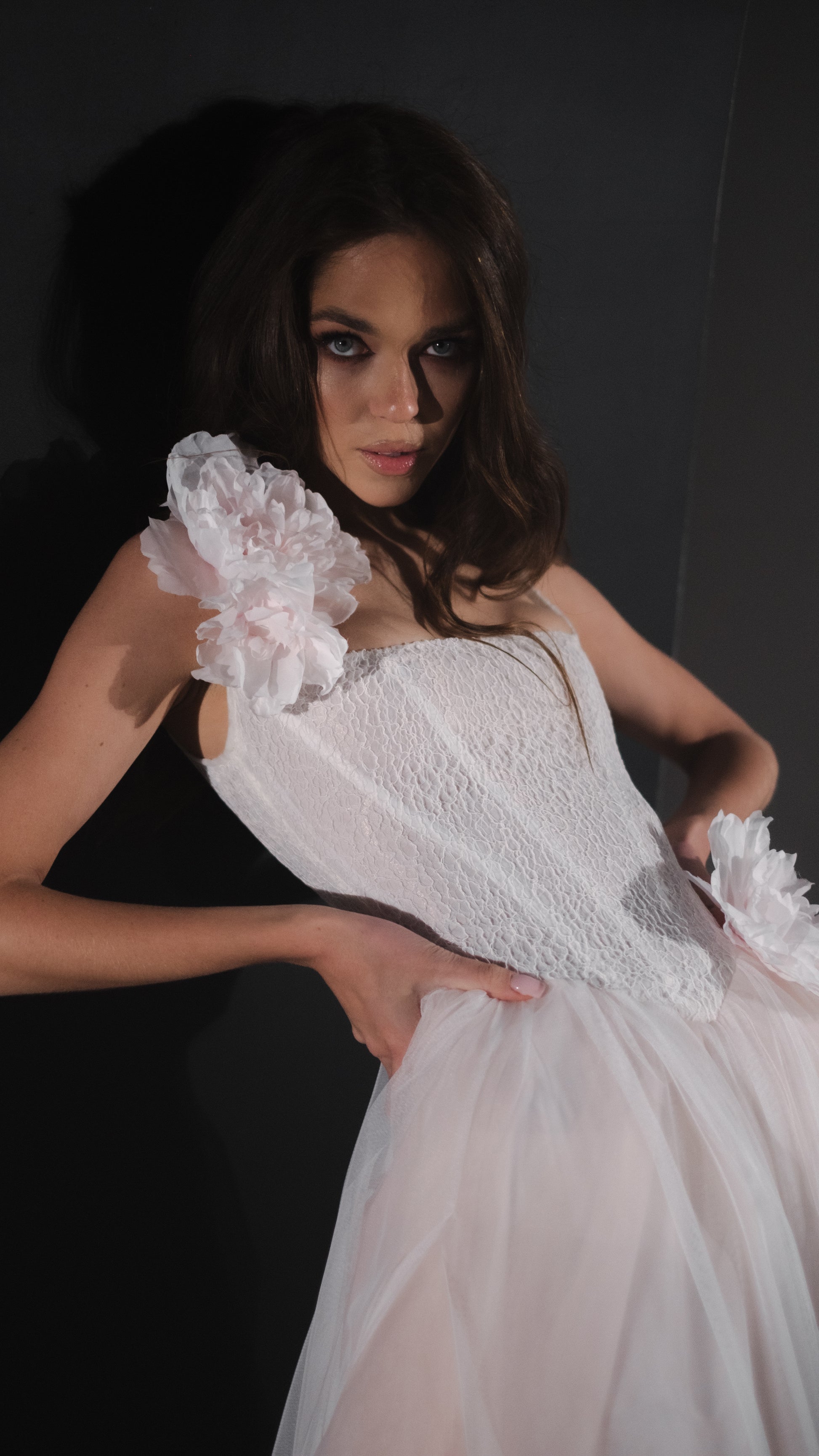 Blush Basque Waist Wedding Dress with Lace Corset and Silk Flowers