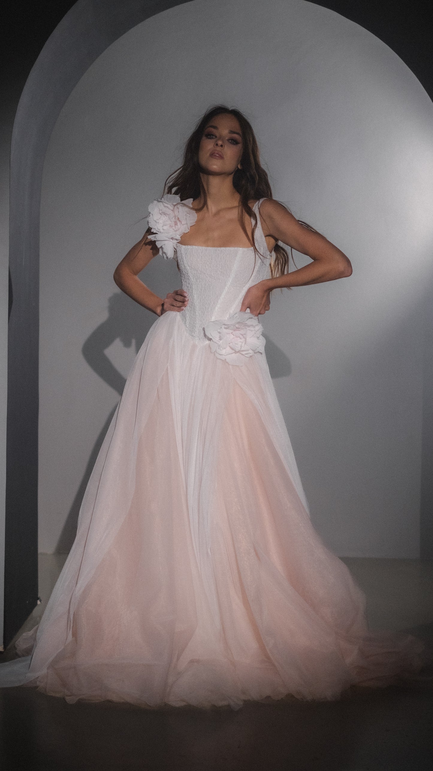 Blush Basque Waist Wedding Dress with Lace Corset and Silk Flowers