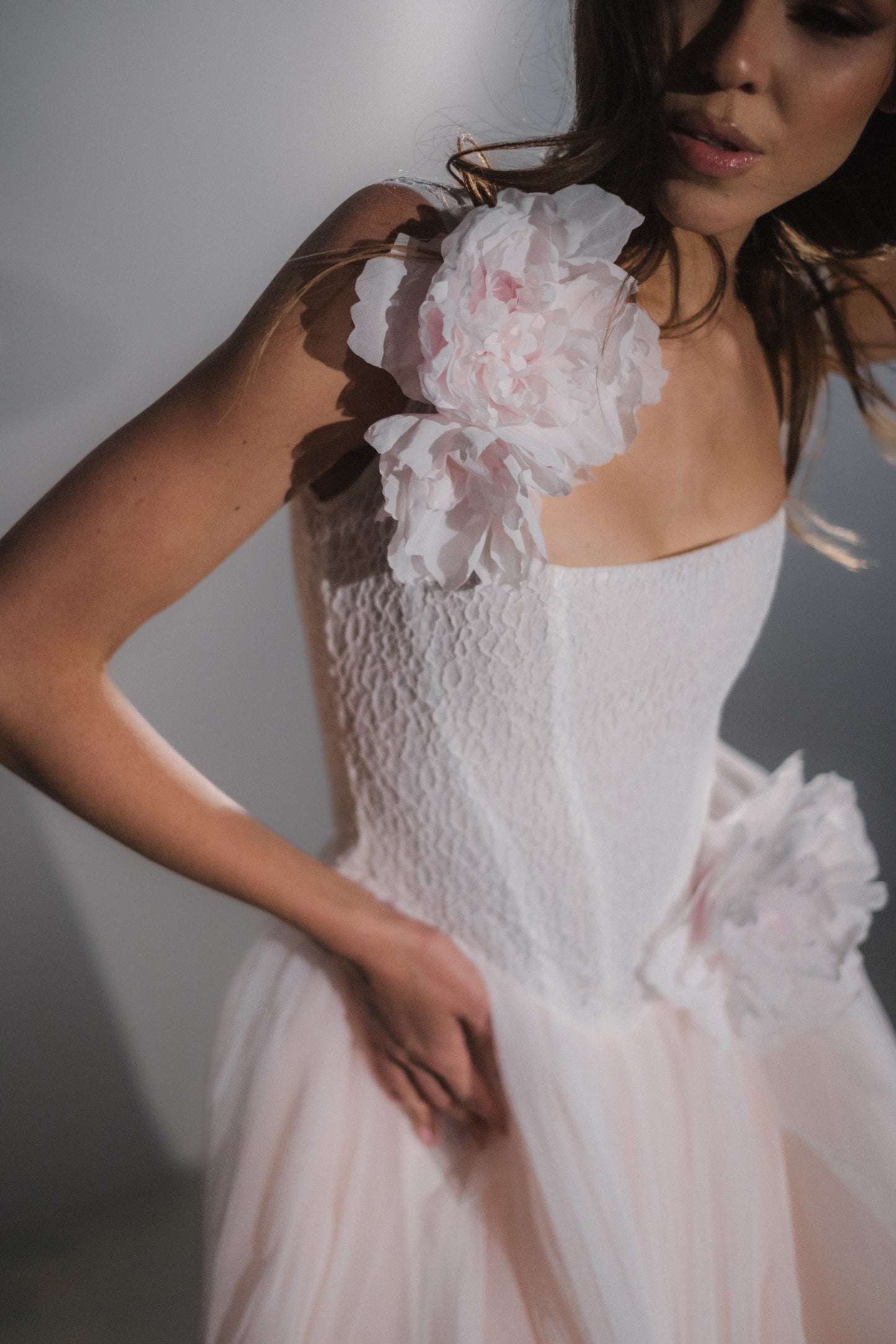 Blush Basque Waist Wedding Dress with Lace Corset and Silk Flowers