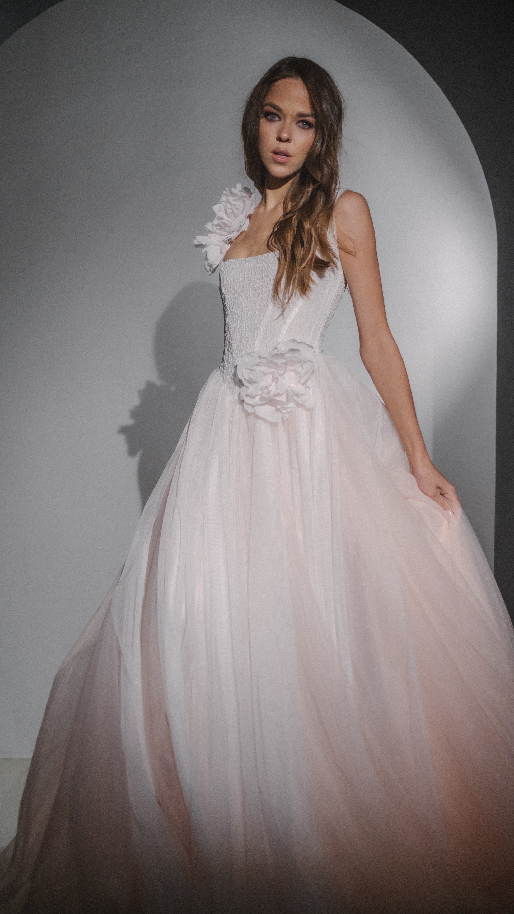 Blush Basque Waist Wedding Dress with Lace Corset and Silk Flowers