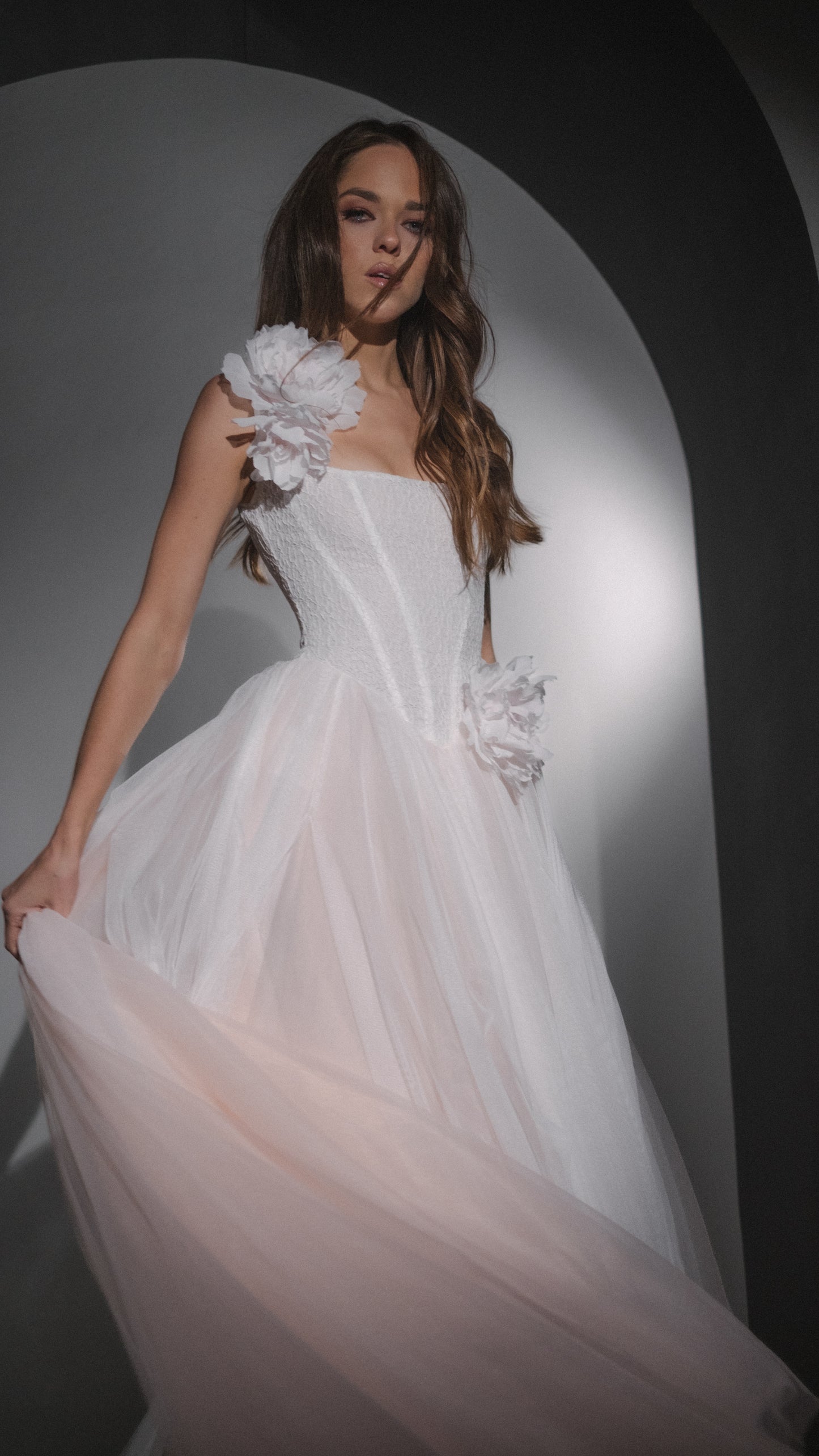 Blush Basque Waist Wedding Dress with Lace Corset and Silk Flowers