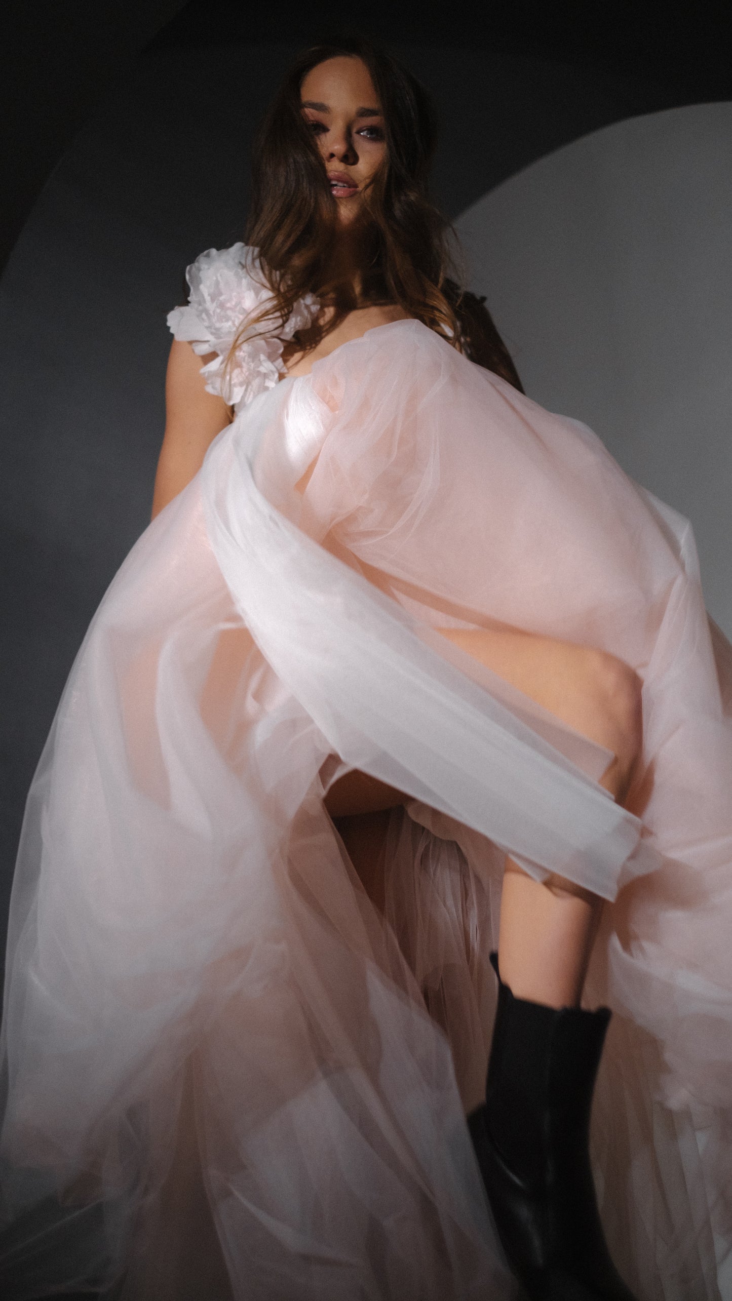 Blush Basque Waist Wedding Dress with Lace Corset and Silk Flowers