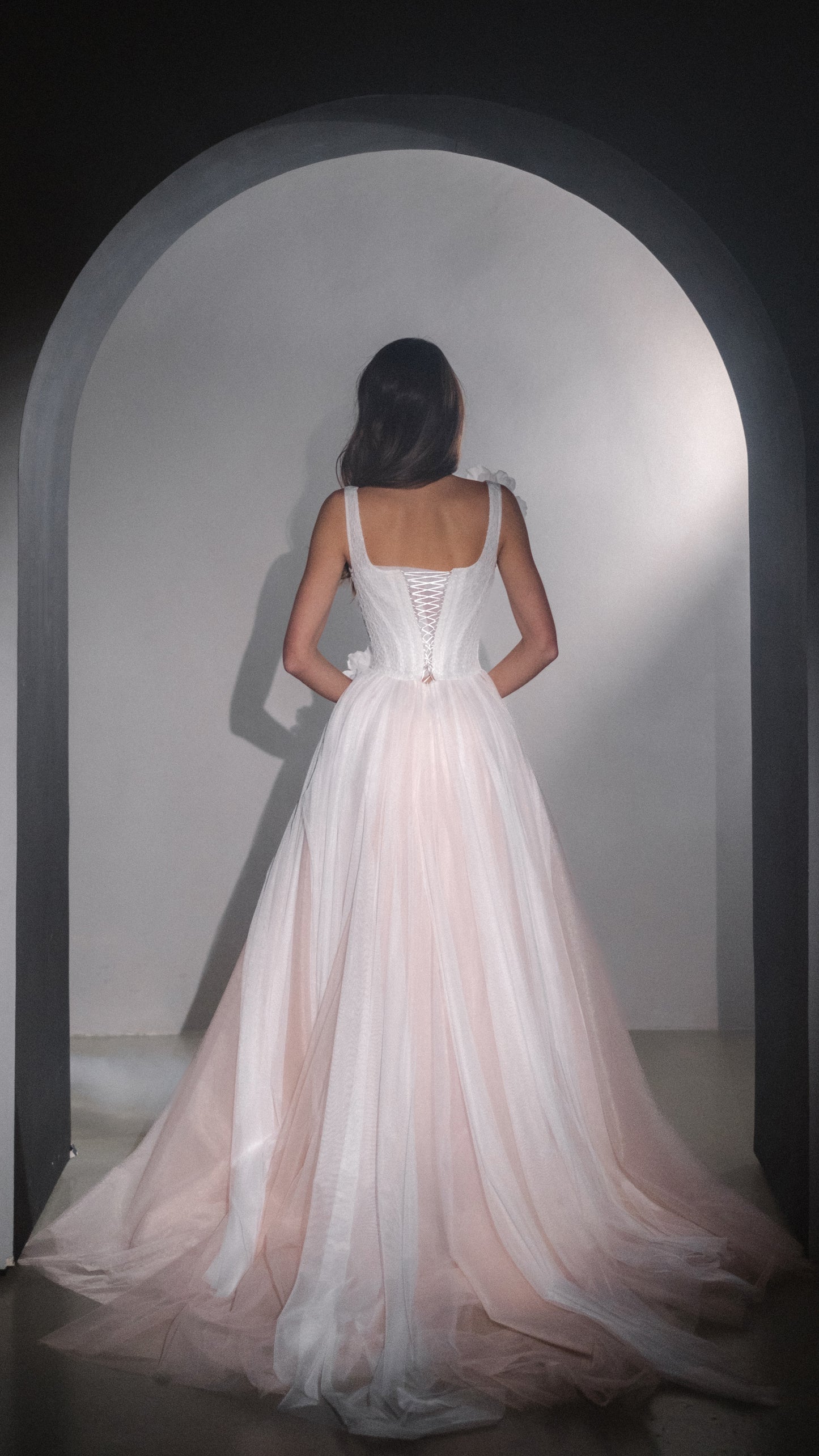 Blush Basque Waist Wedding Dress with Lace Corset and Silk Flowers