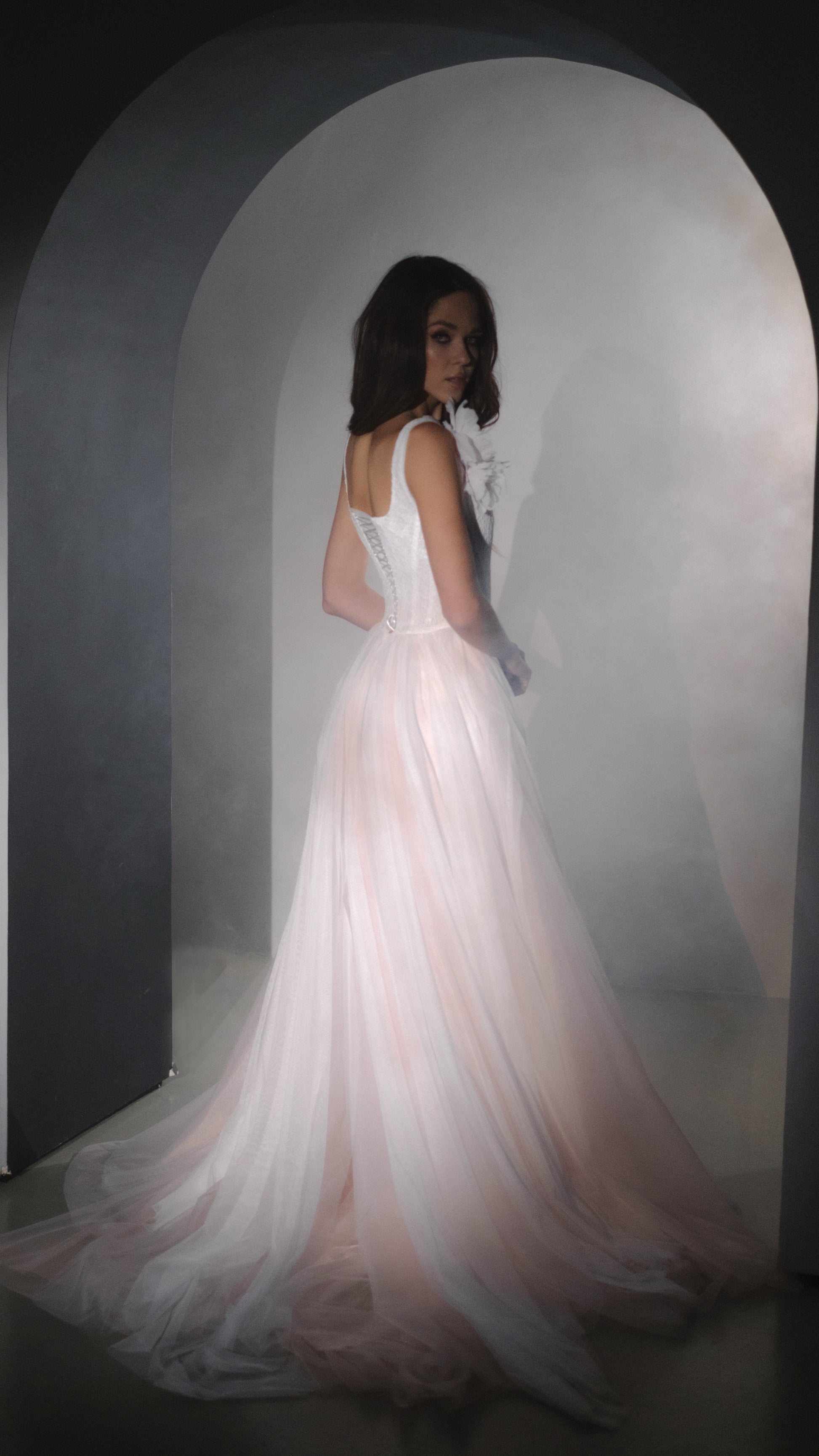 Blush Basque Waist Wedding Dress with Lace Corset and Silk Flowers