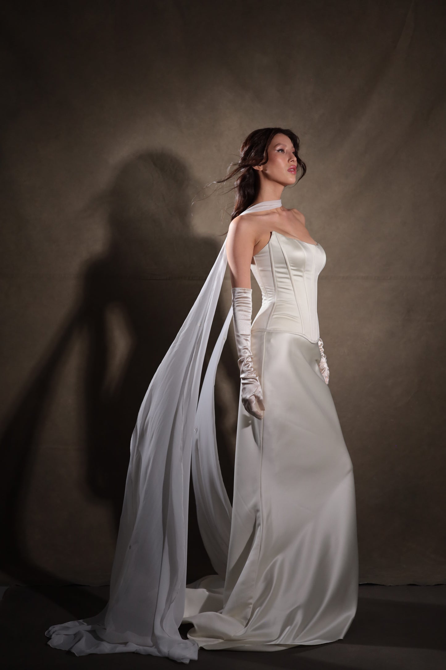 Bridal dropped waist Basque waist corset in ivory, vintage-style wedding dress by Boom Blush.