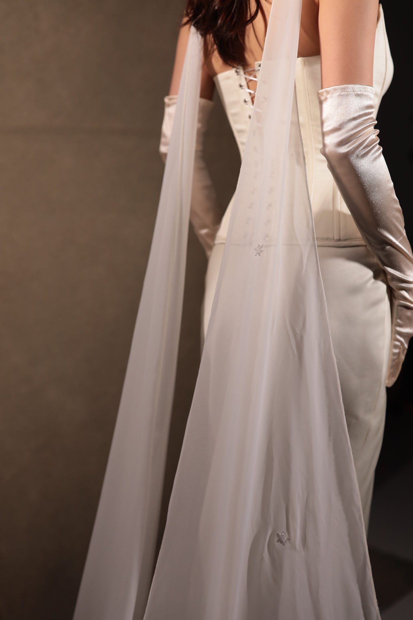 Bridal dropped waist Basque waist corset in ivory, vintage-style wedding dress by Boom Blush.