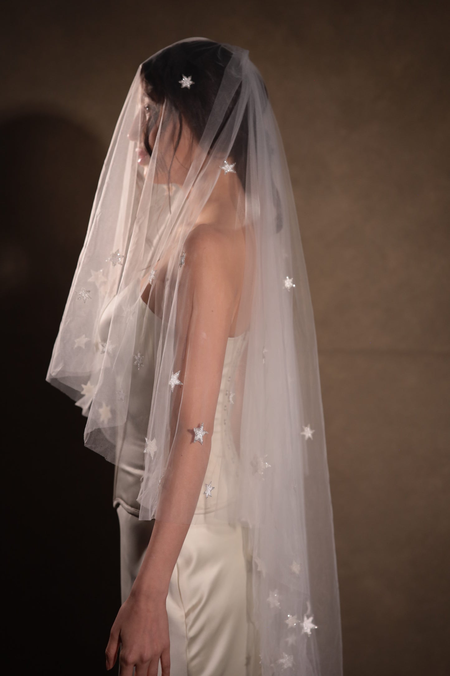 Two-tier bridal veil with blusher, adorned with glowing stars, crafted from soft French tulle in a soft white sheer hue, by Boom Blush.