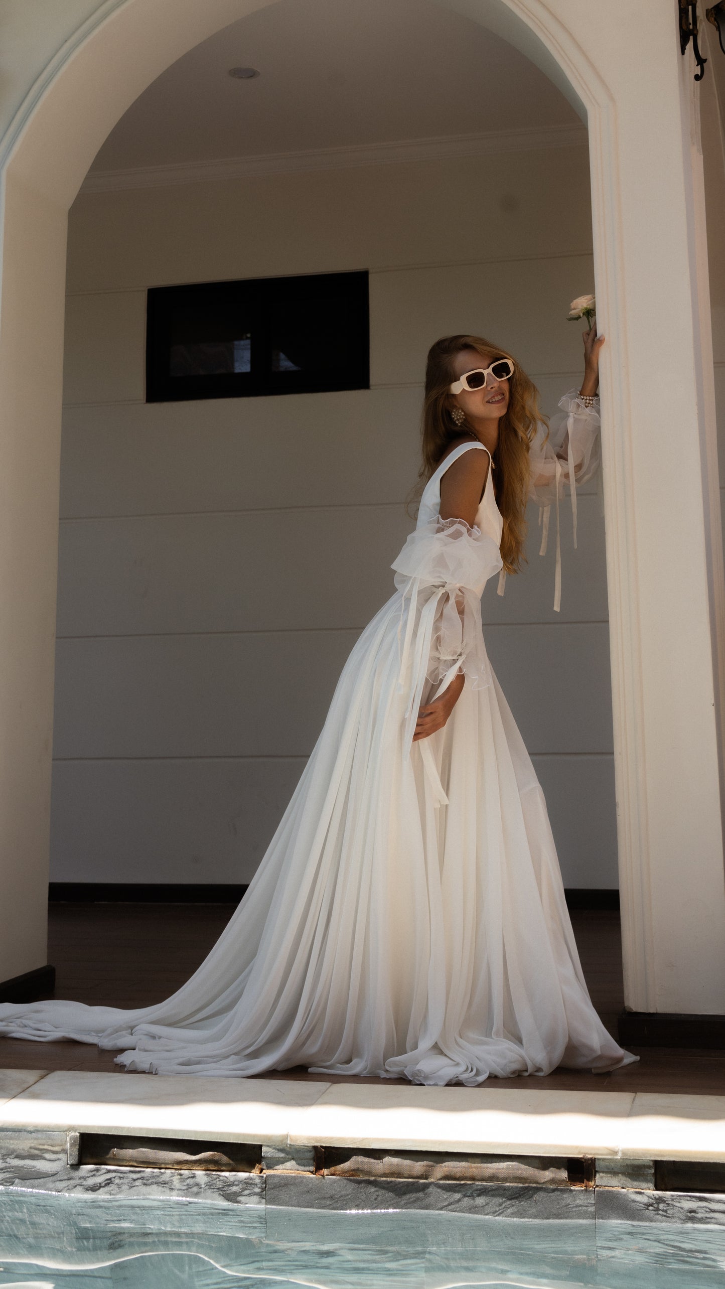 Pleated Long Sleeves Romantic Elegant Fairytale Wedding Dress 2024