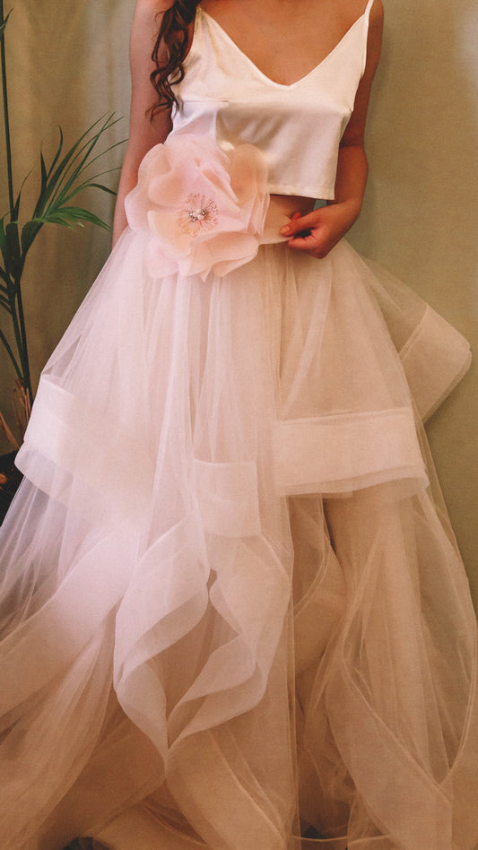 Modern Blush Pink Two-Piece Wedding Dress with Tulle Skirt | Ready or Not