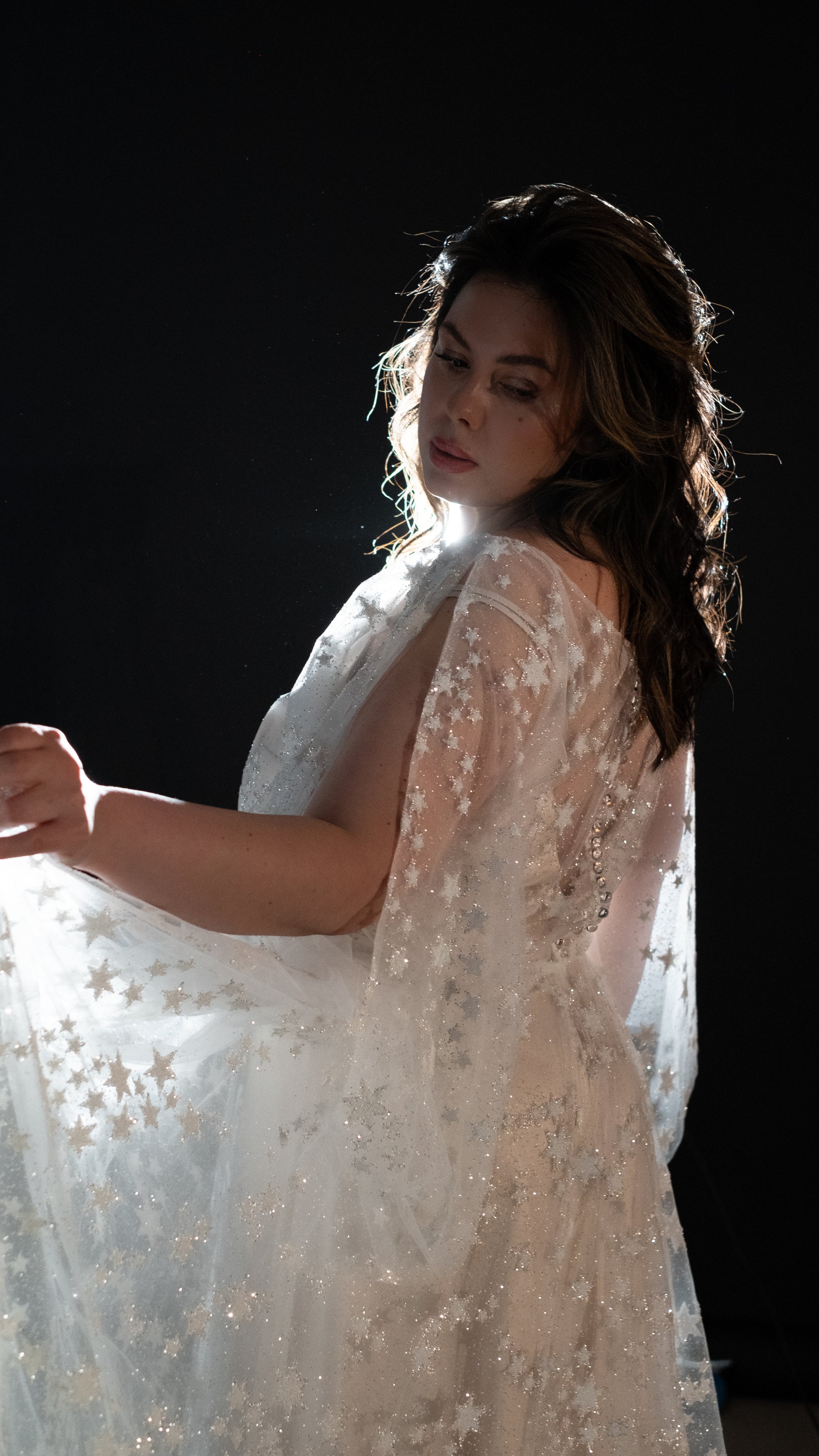 Modern boho wedding look with shimmer lace gown in ivory plus size bride