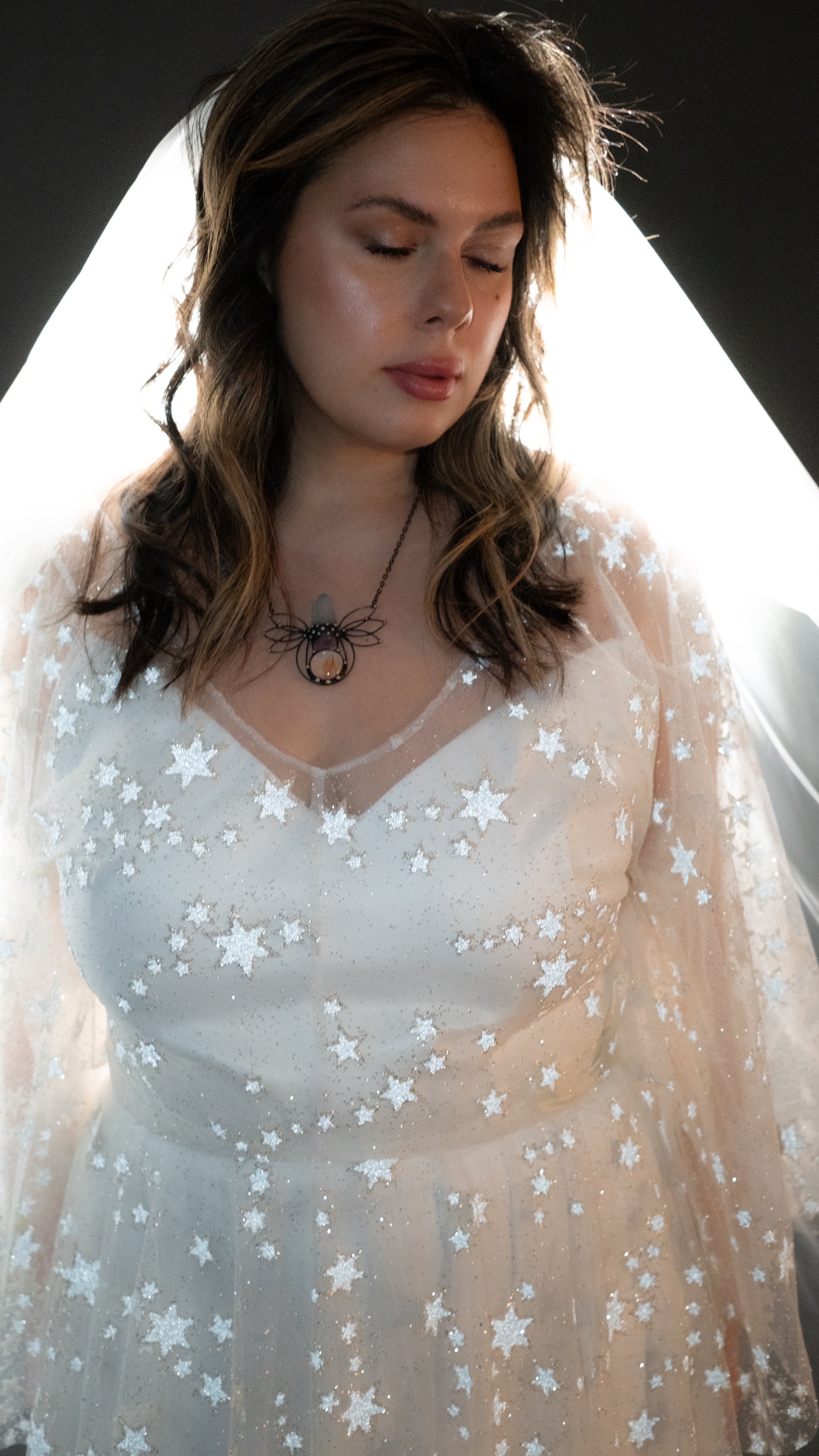Modern boho wedding look with shimmer lace gown in ivory plus size non traditional bride