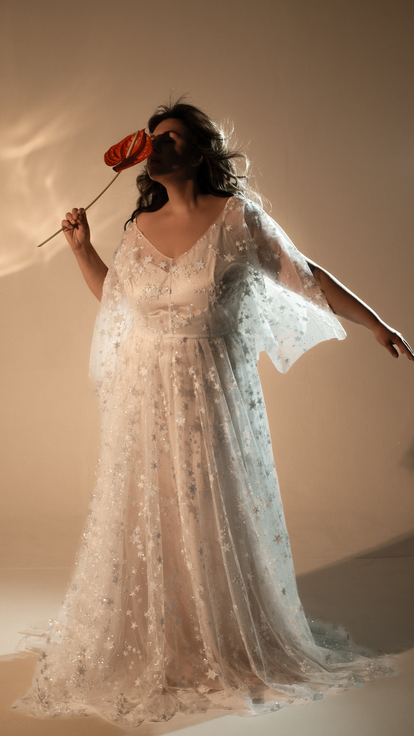 Modern boho wedding look with shimmer lace gown in ivory plus size romantic ethereal wedding dress