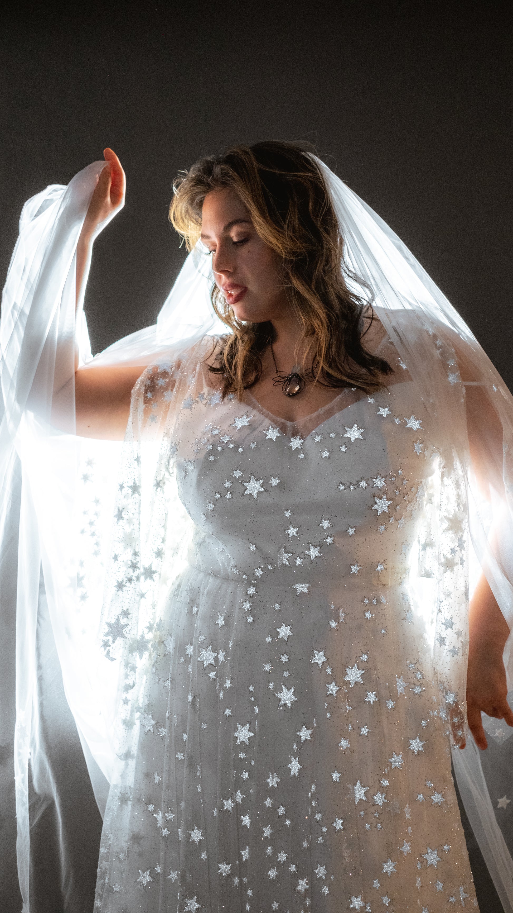 Modern boho wedding look with shimmer lace gown in ivory plus size romantic ethereal wedding dress