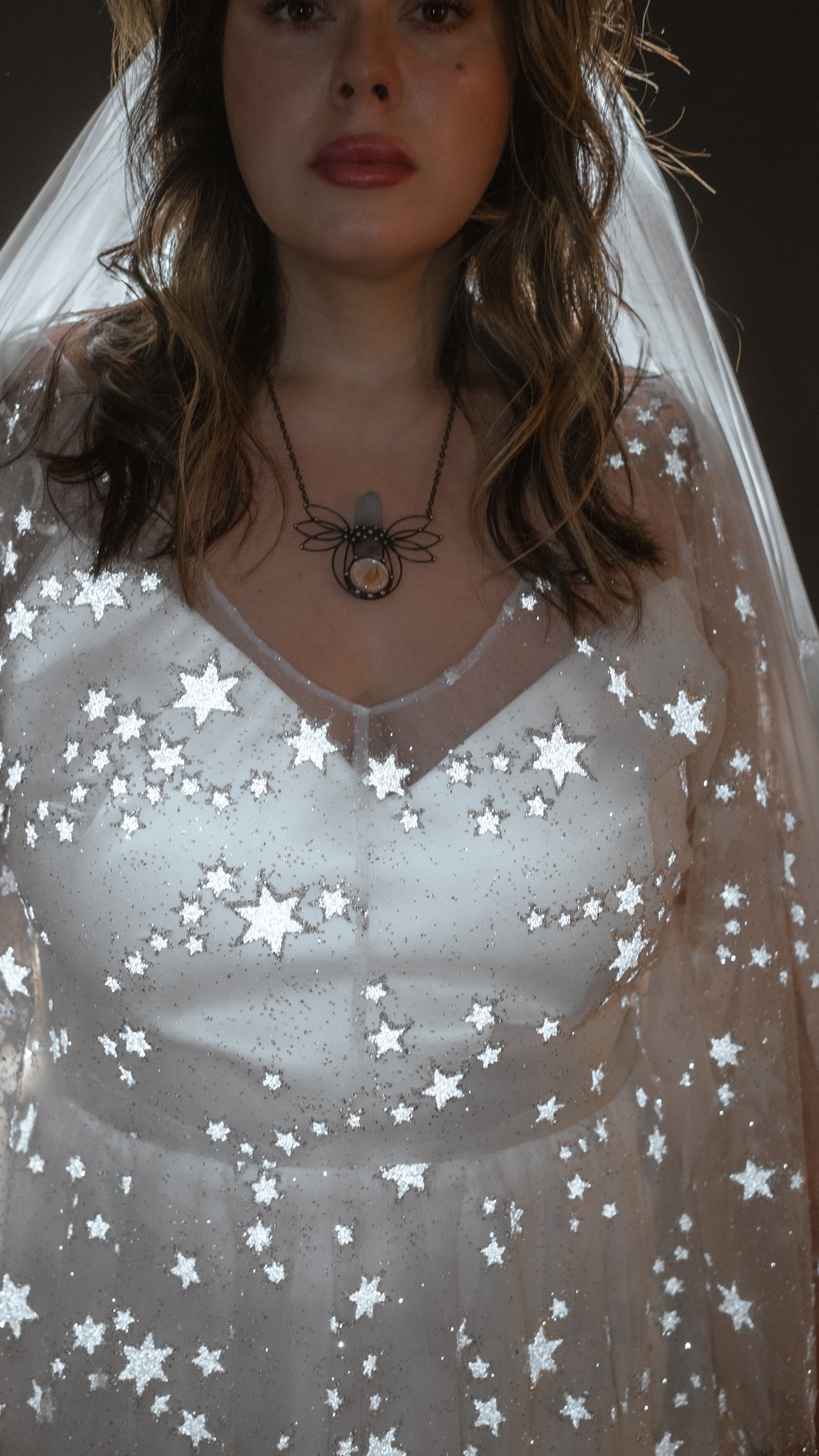 Modern boho wedding look with shimmer lace gown in ivory plus size romantic ethereal wedding dress
