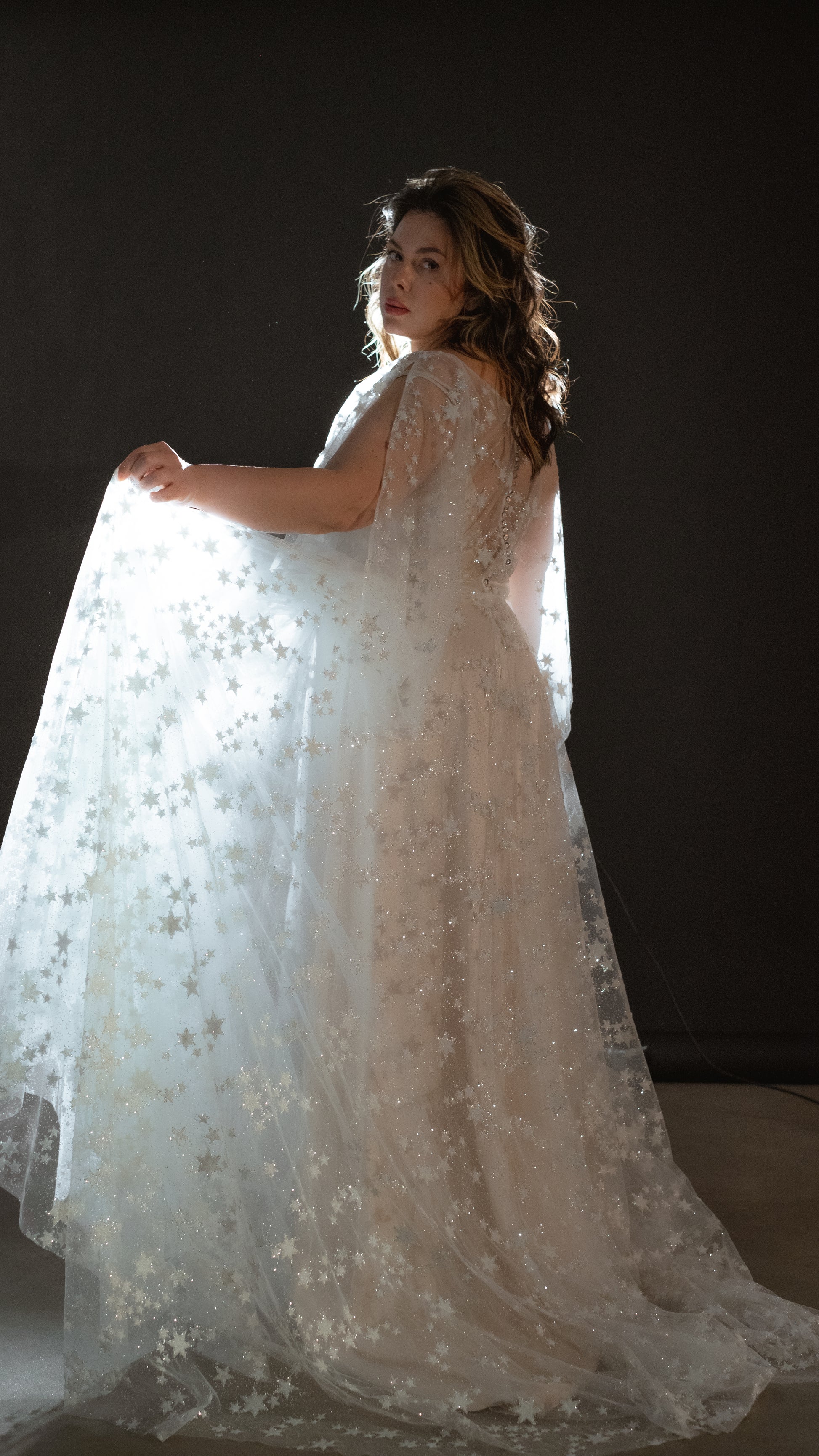Modern boho wedding look with shimmer lace gown in ivory plus size romantic ethereal wedding dress