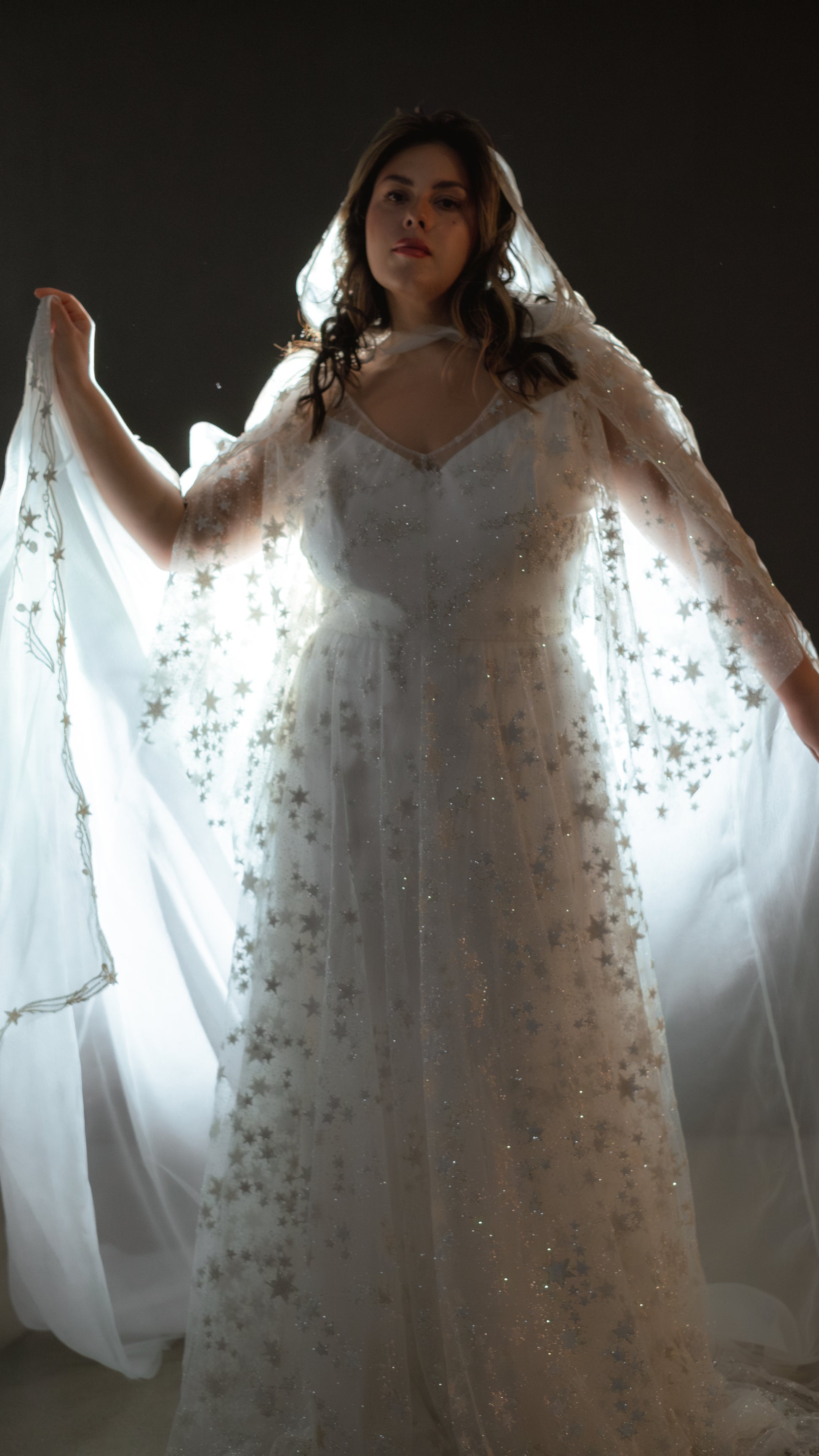 Modern boho wedding look with shimmer lace gown in ivory plus size romantic ethereal wedding dress