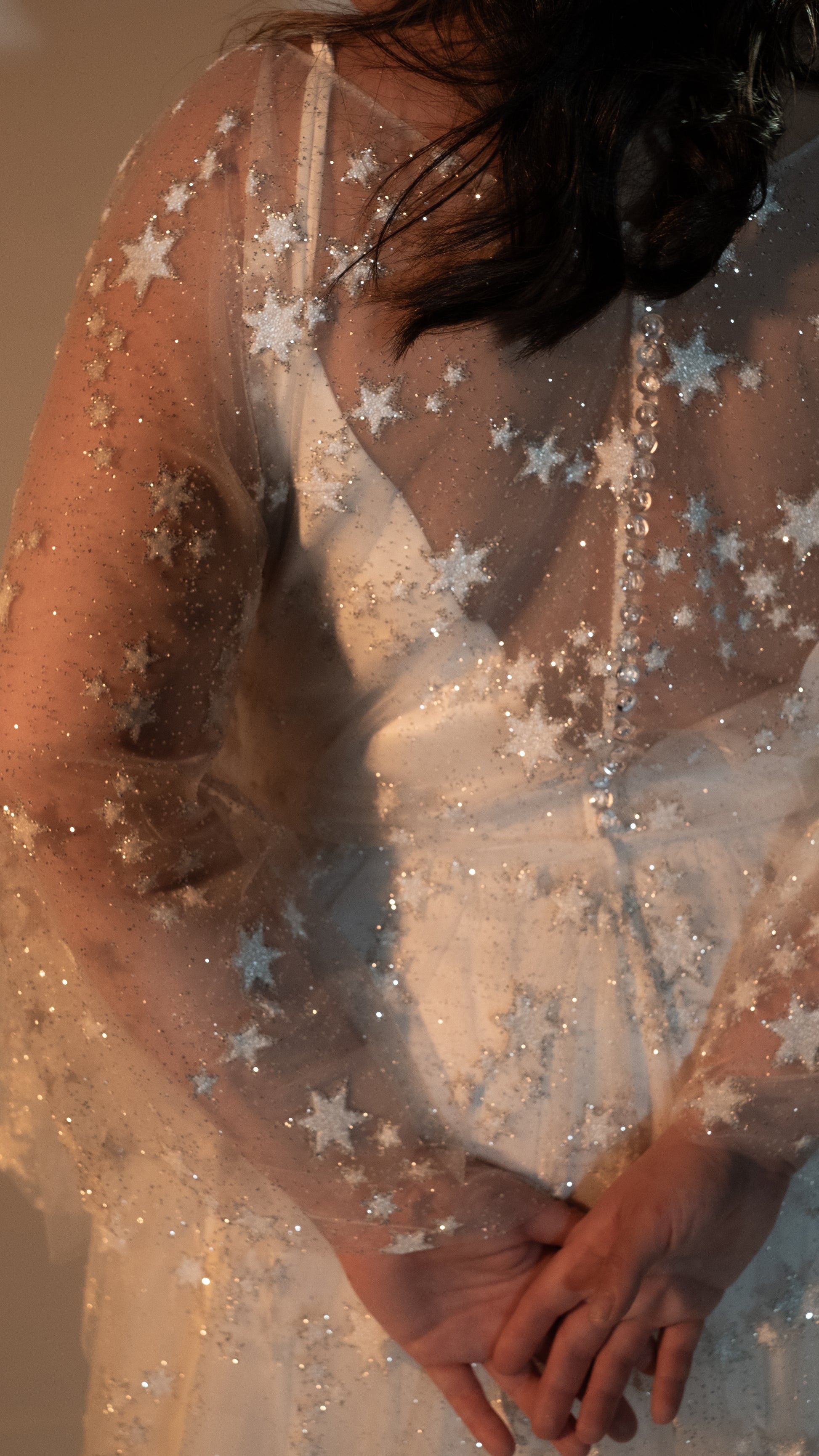 Modern boho wedding look with shimmer lace gown in ivory plus size romantic ethereal wedding dress