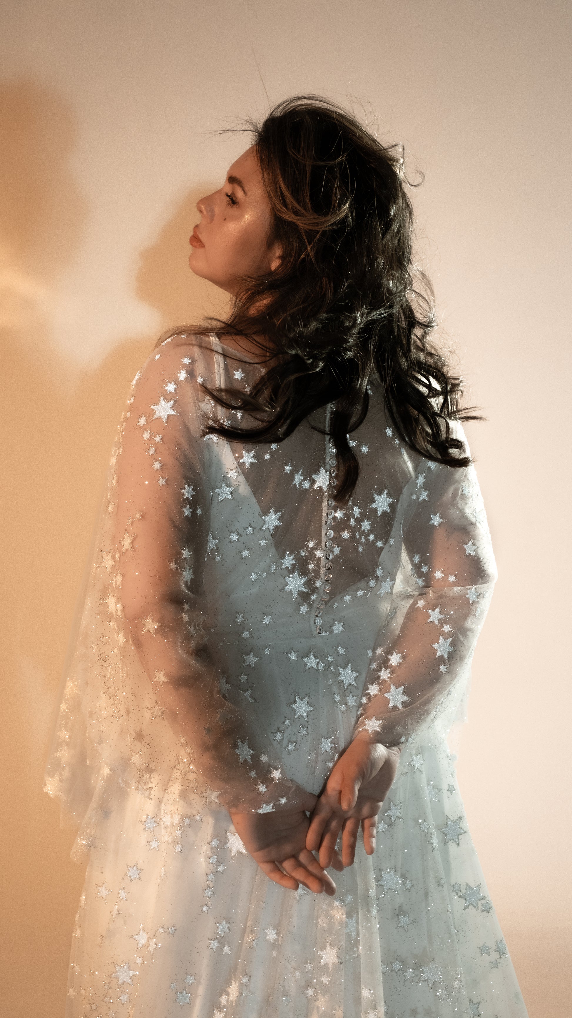 Modern boho wedding look with shimmer lace gown in ivory plus size romantic ethereal wedding dress