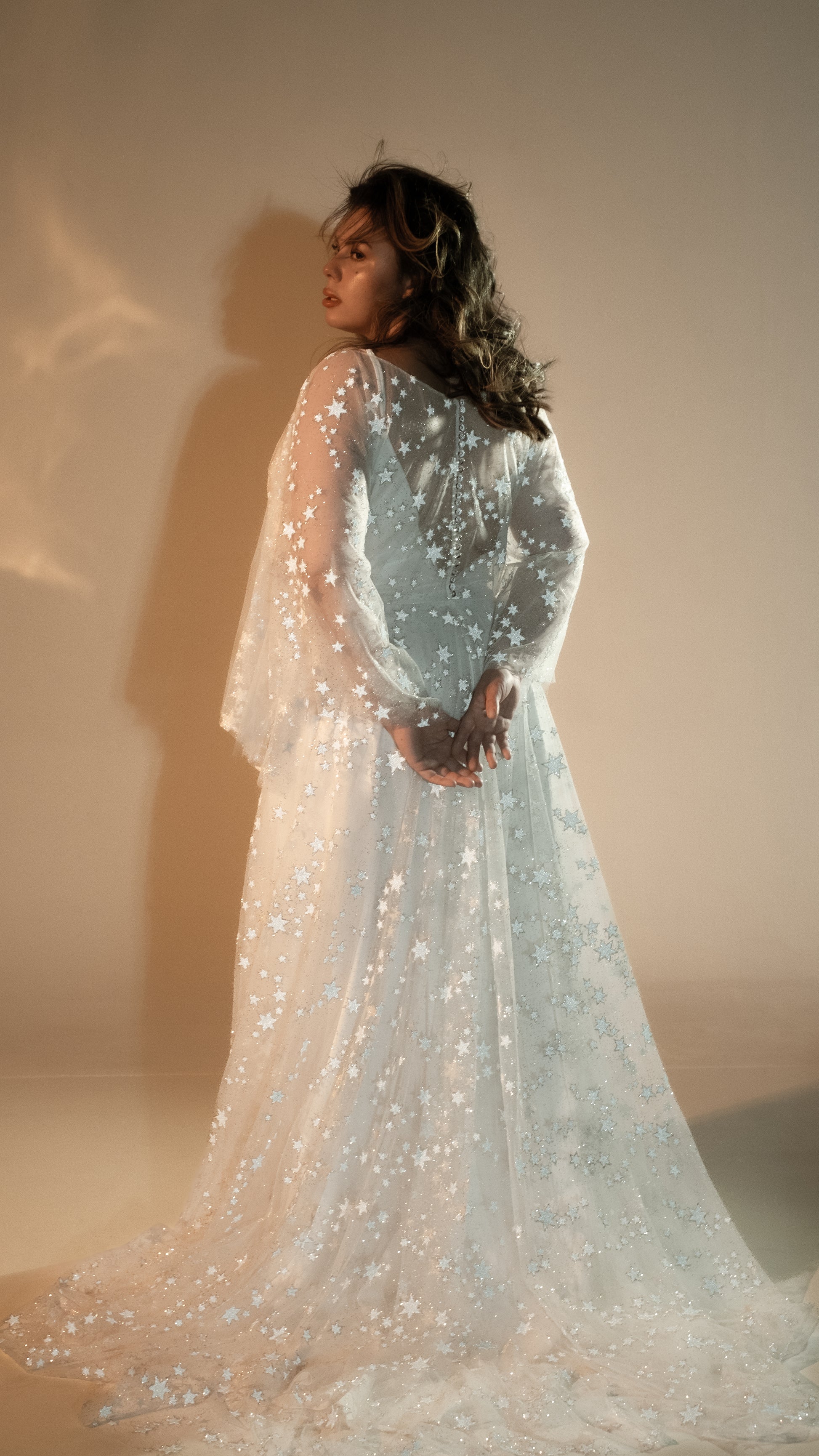 Two-piece ivory wedding dress with glowing star lace overlay plus size bride wearing romantic gown with veil and zodiac stars