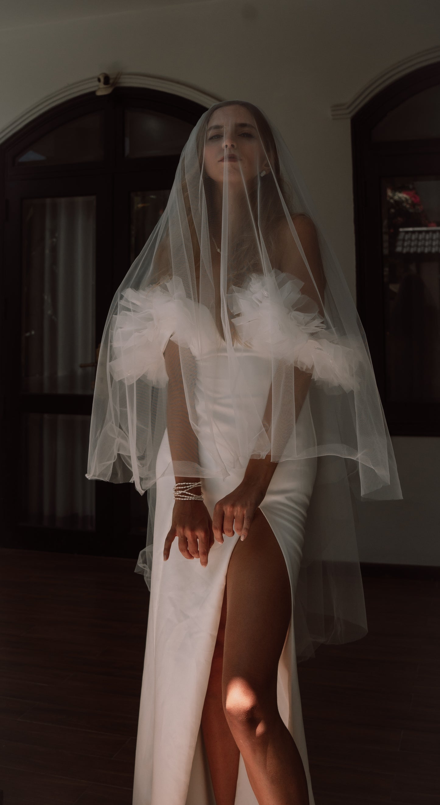 Elegant Fit and Flare Wedding Dress Off-Shoulders with Tulle Sleeves
