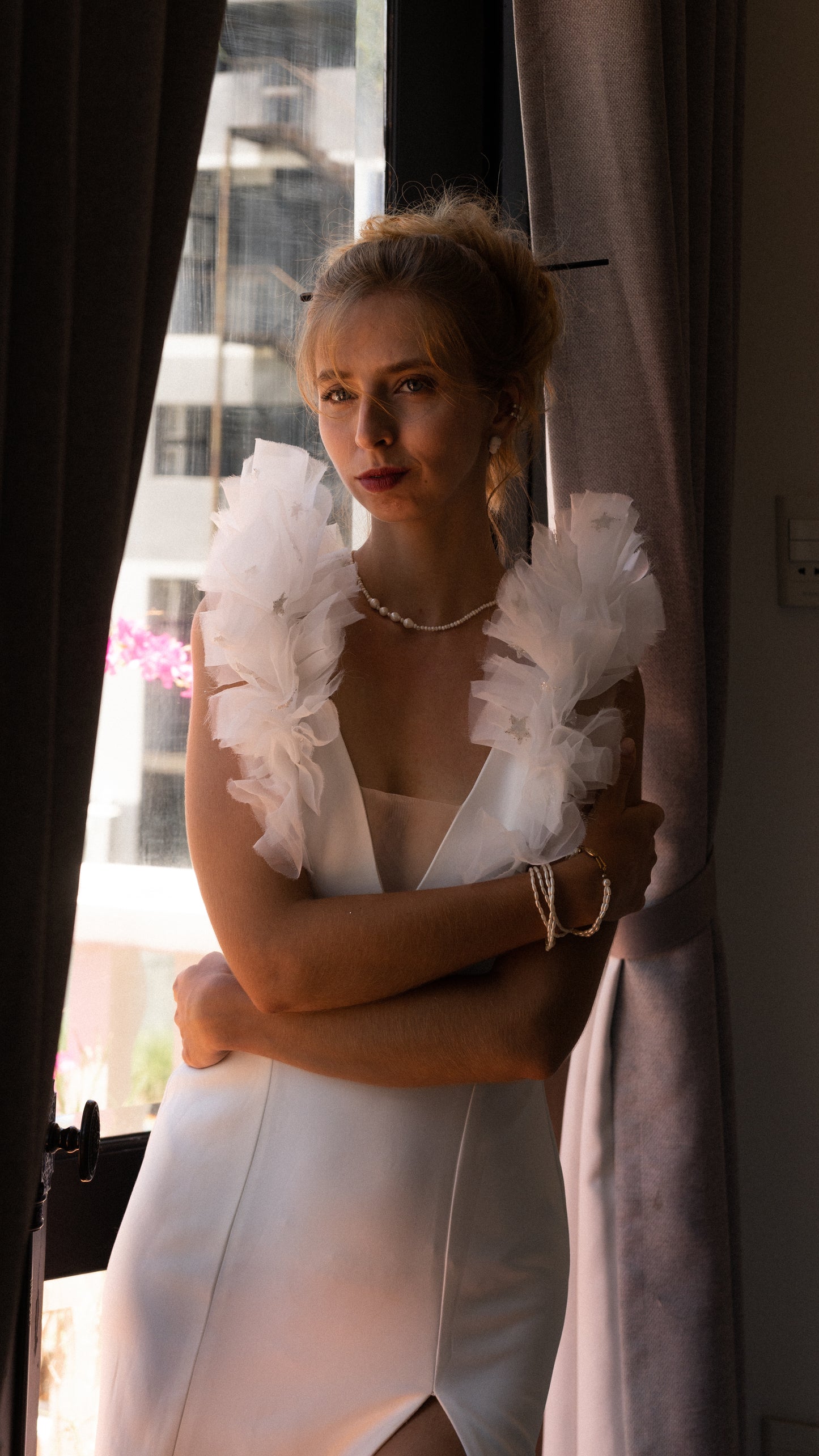 Elegant Fit and Flare Wedding Dress Off-Shoulders with Tulle Sleeves