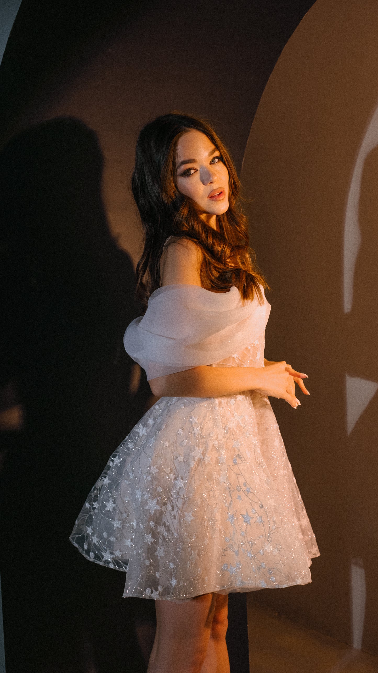 Sparkly Mini Short Wedding Dress with Stars, Vogue Reception Outfit