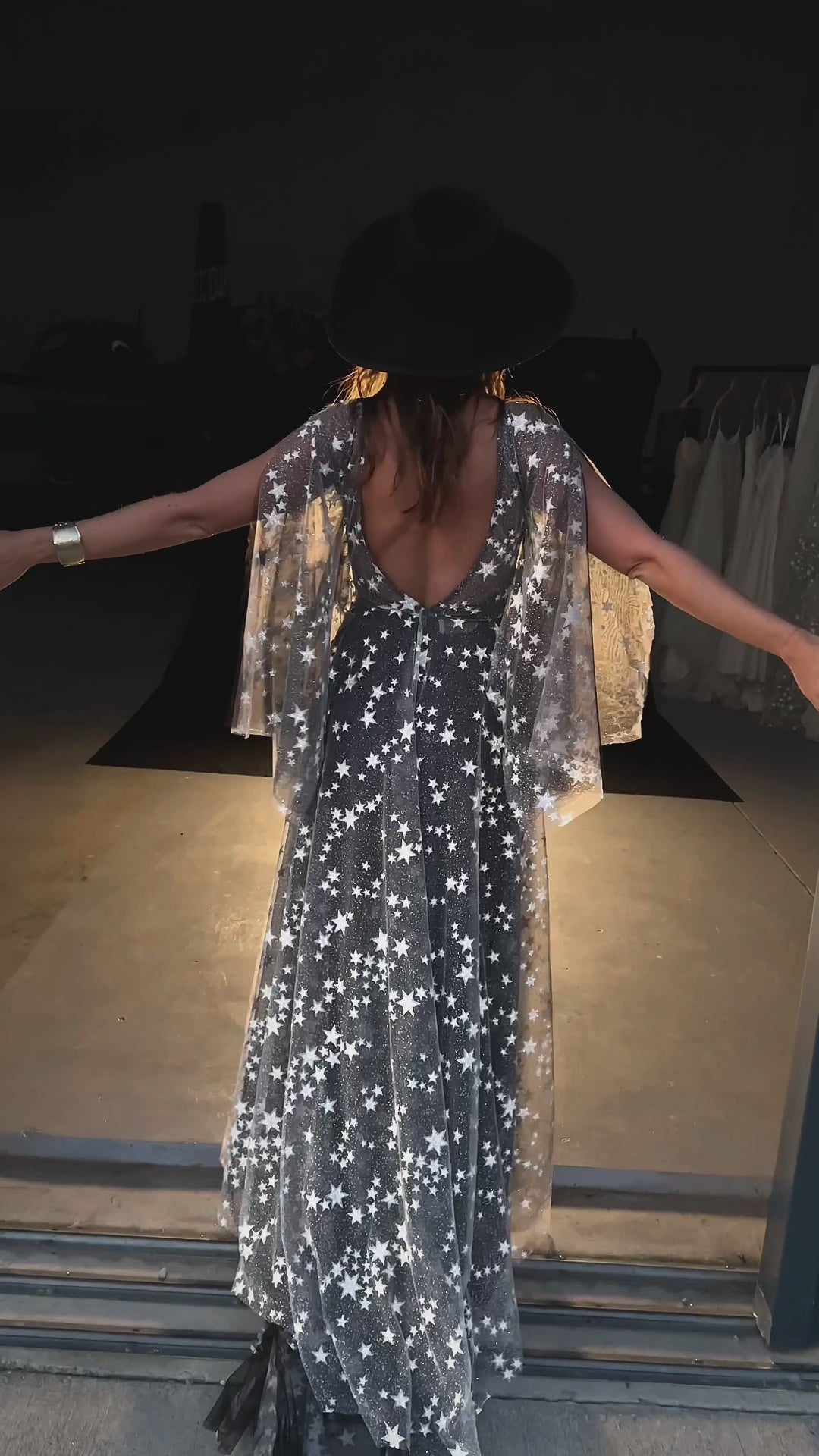 Counting Stars Fairytale Ethereal Dream Modern Long Sleeve Black Wedding Dress with Stars