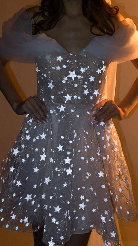 Sparkly Mini Short Wedding Dress with Stars, Vogue Reception Outfit