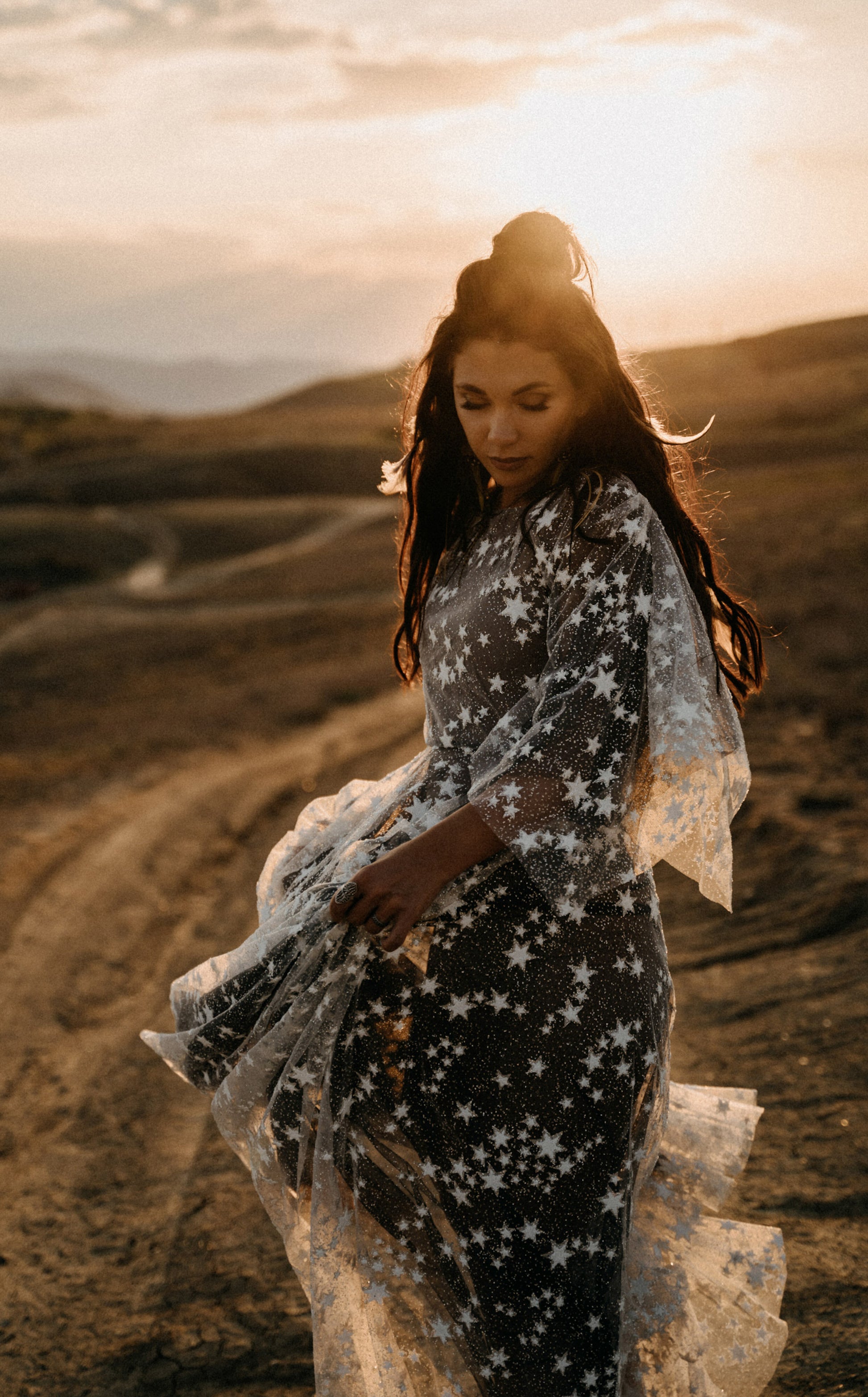 Counting Stars Fairytale Ethereal Dream Modern Long Sleeve Black Wedding Dress with Stars