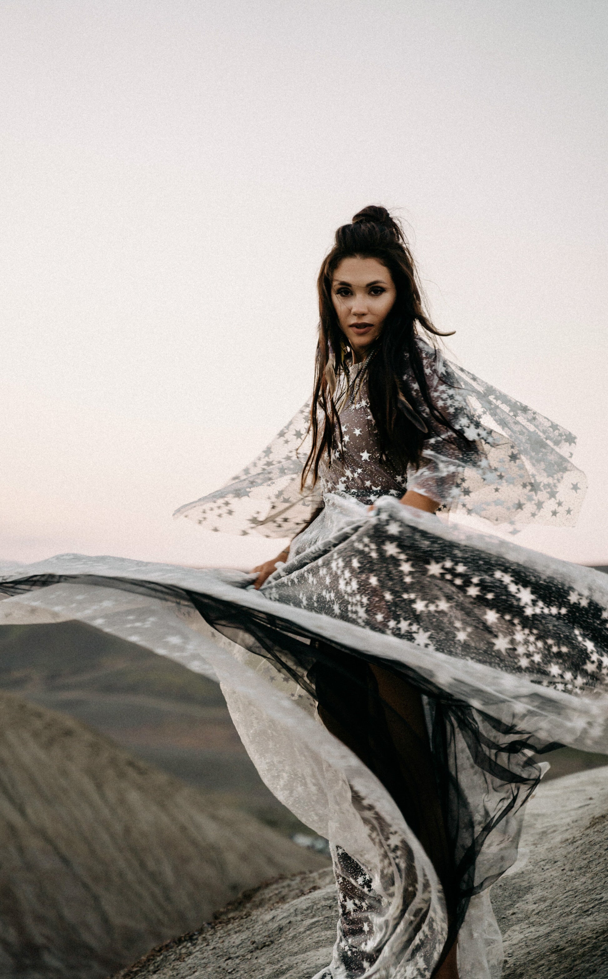 Counting Stars Fairytale Ethereal Dream Modern Long Sleeve Black Wedding Dress with Stars