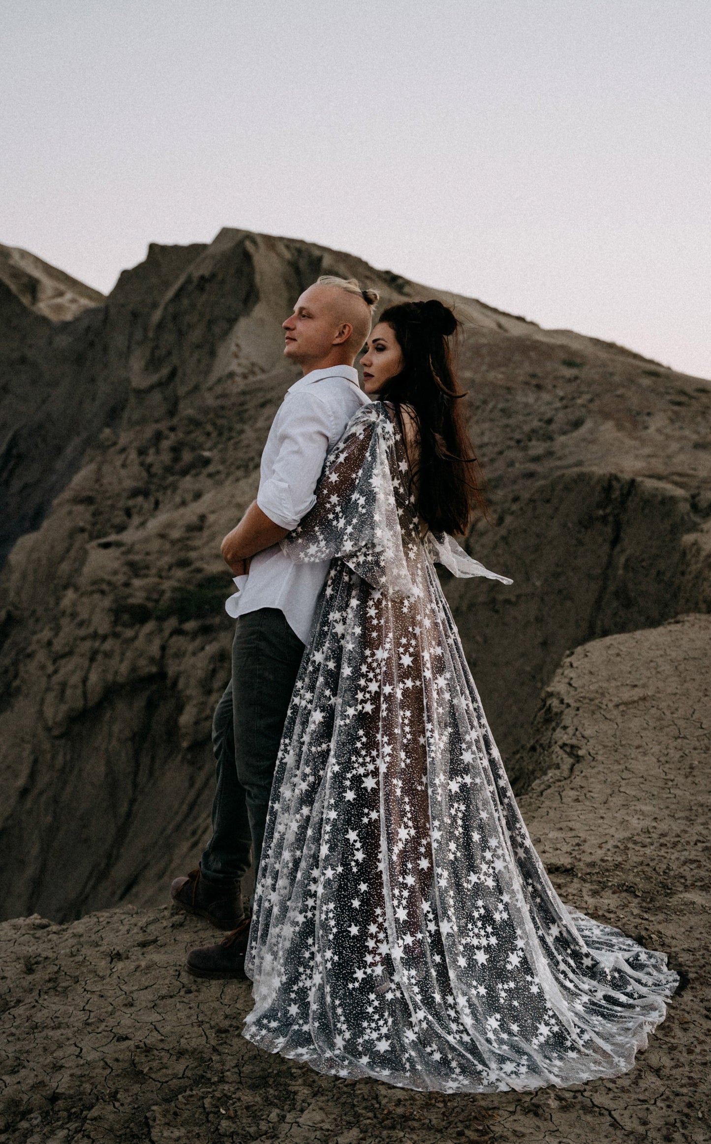 Counting Stars Fairytale Ethereal Dream Modern Long Sleeve Black Wedding Dress with Stars