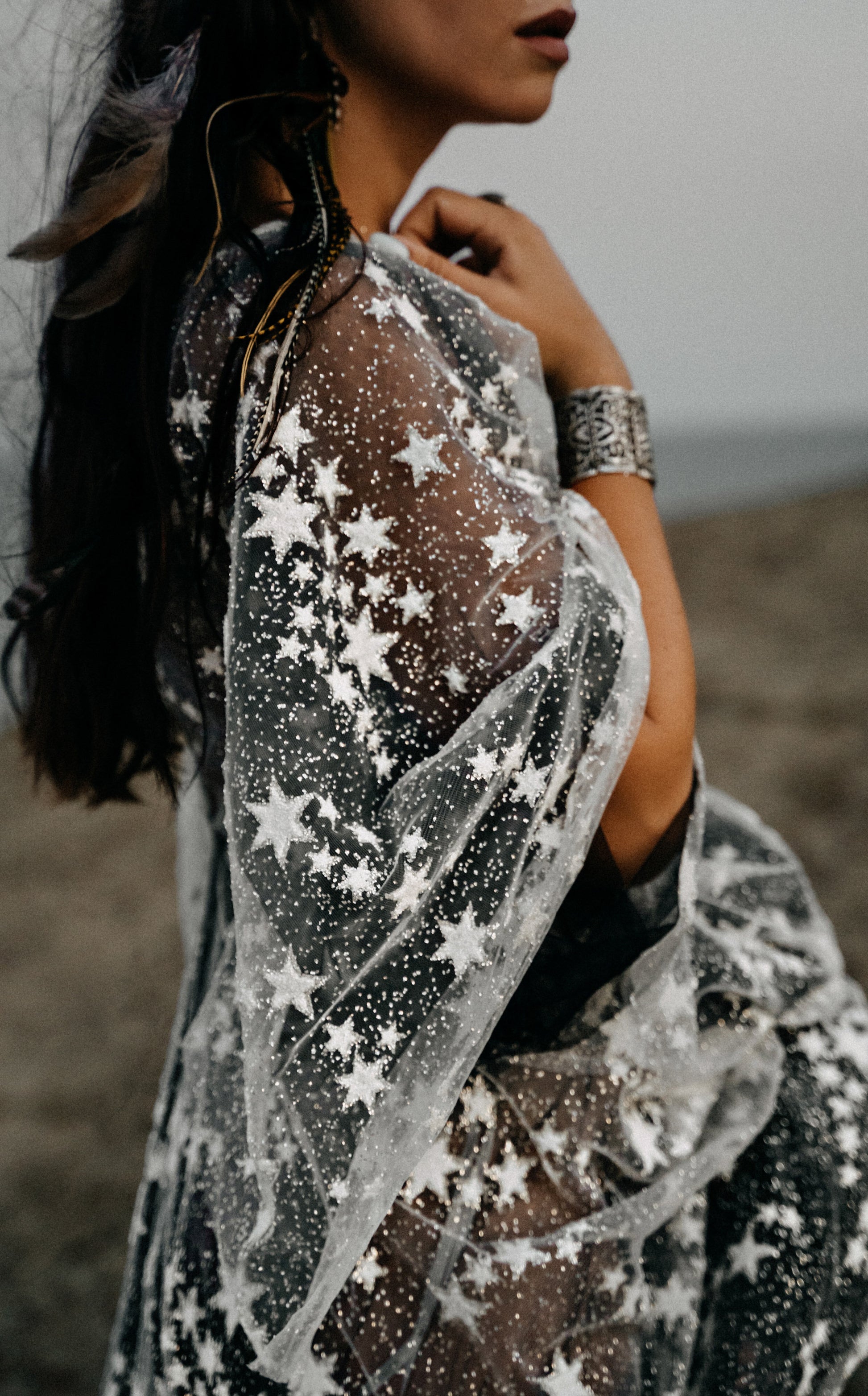 Counting Stars Fairytale Ethereal Dream Modern Long Sleeve Black Wedding Dress with Stars