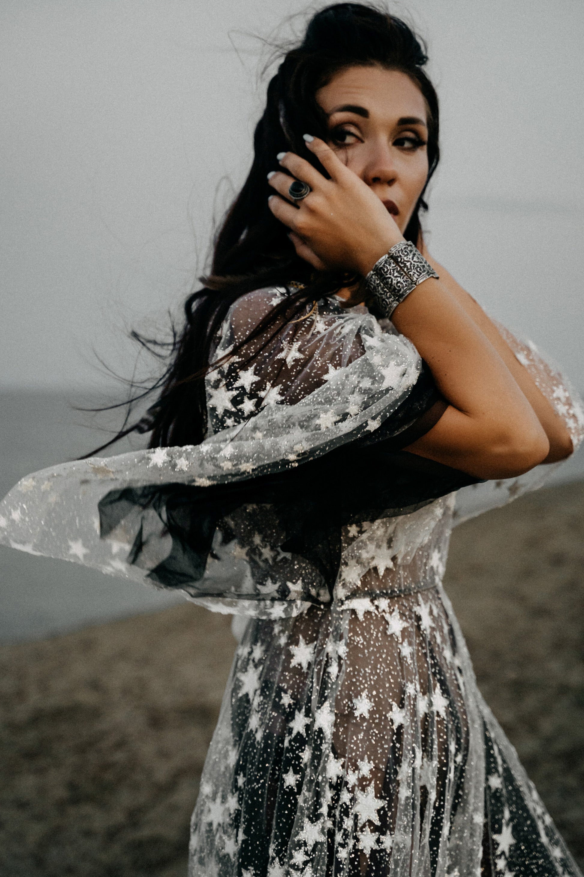 Counting Stars Fairytale Ethereal Dream Modern Long Sleeve Black Wedding Dress with Stars