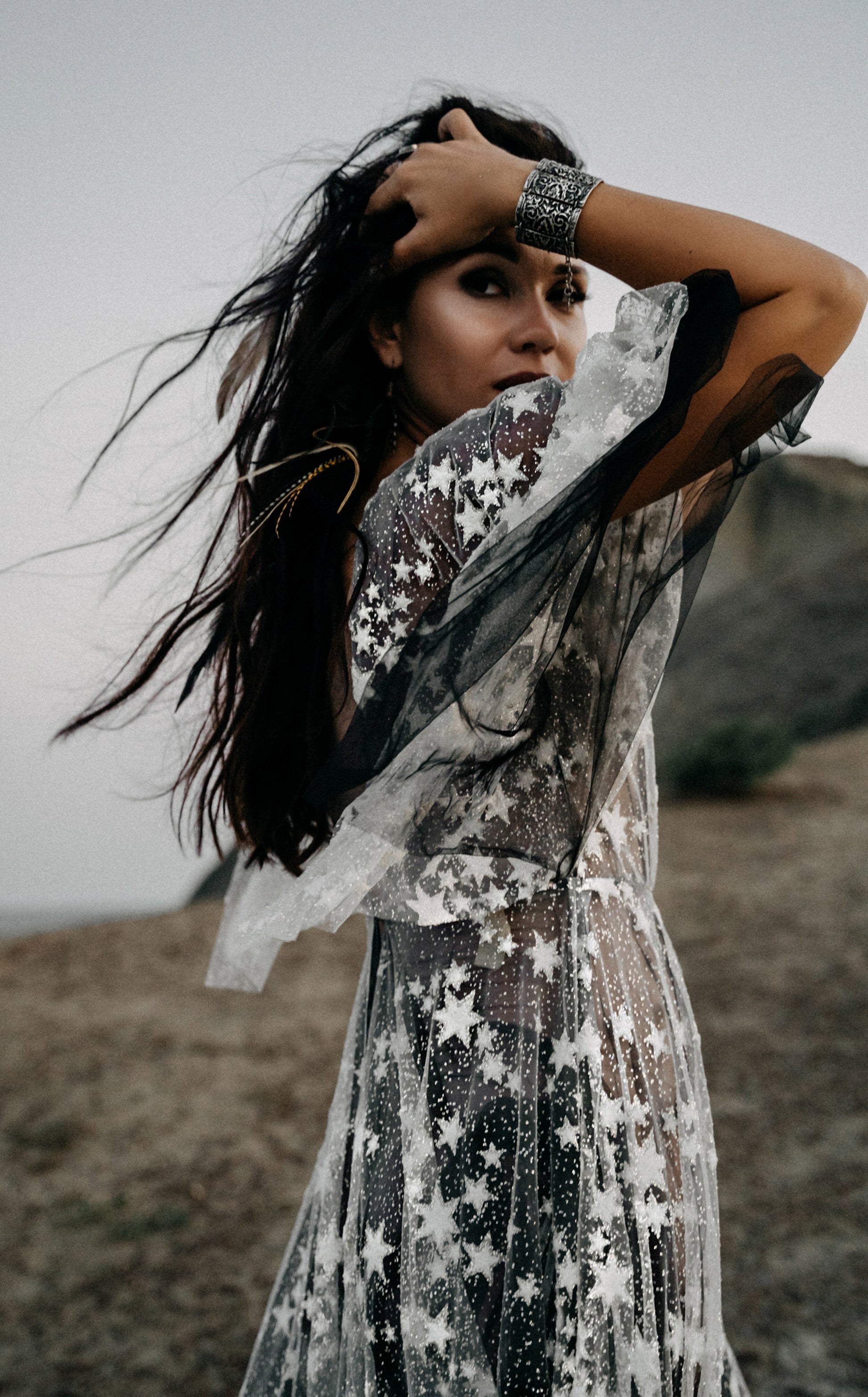 Counting Stars Fairytale Ethereal Dream Modern Long Sleeve Black Wedding Dress with Stars