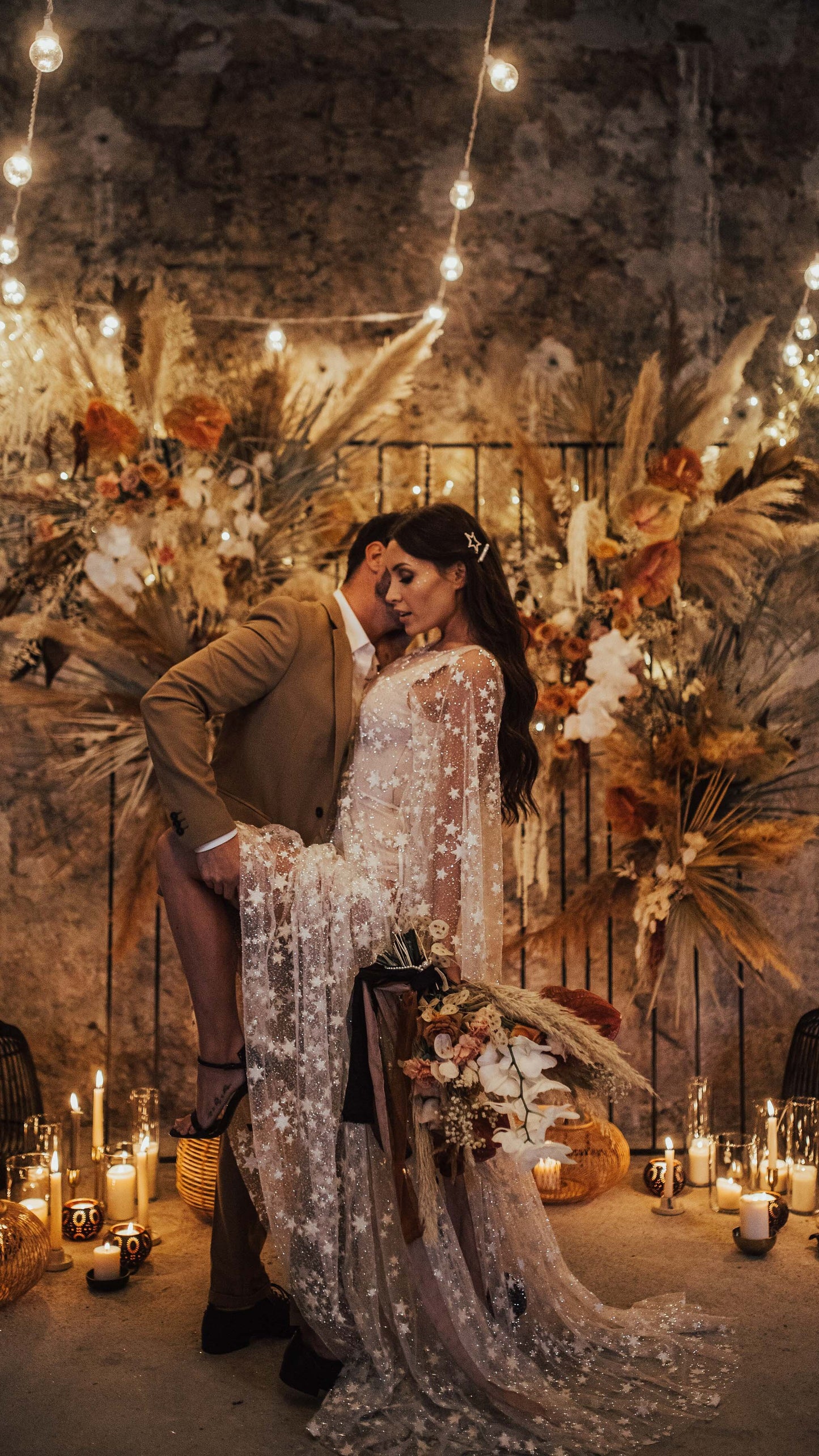 Fairytale Ethereal Dream Elegant Modern Long Sleeve Wedding Dress with Stars