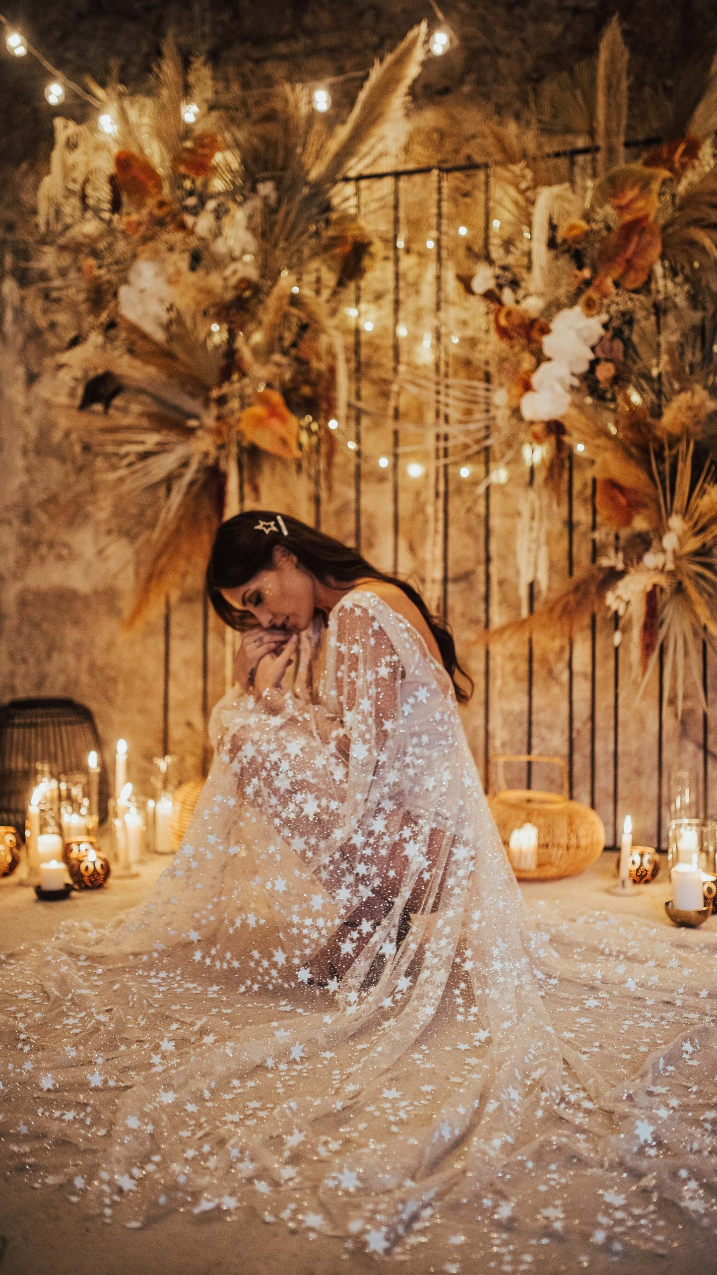 Fairytale Ethereal Dream Elegant Modern Long Sleeve Wedding Dress with Stars