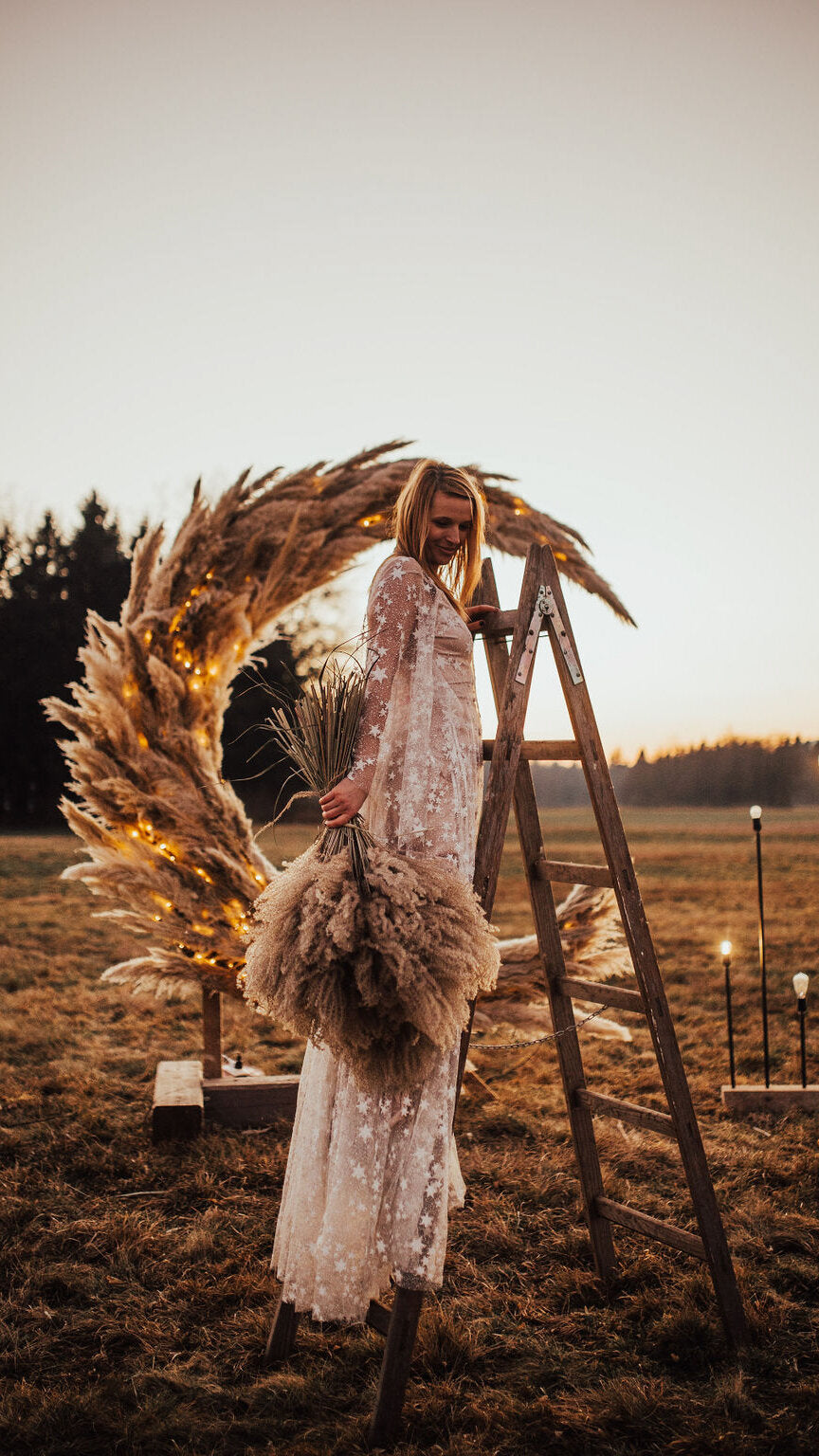 Fairytale Ethereal Dream Elegant Modern Long Sleeve Wedding Dress with Stars