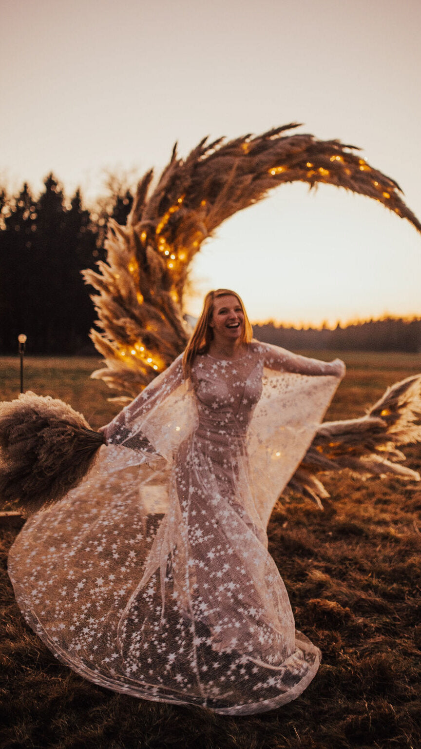 Fairytale Ethereal Dream Elegant Modern Long Sleeve Wedding Dress with Stars