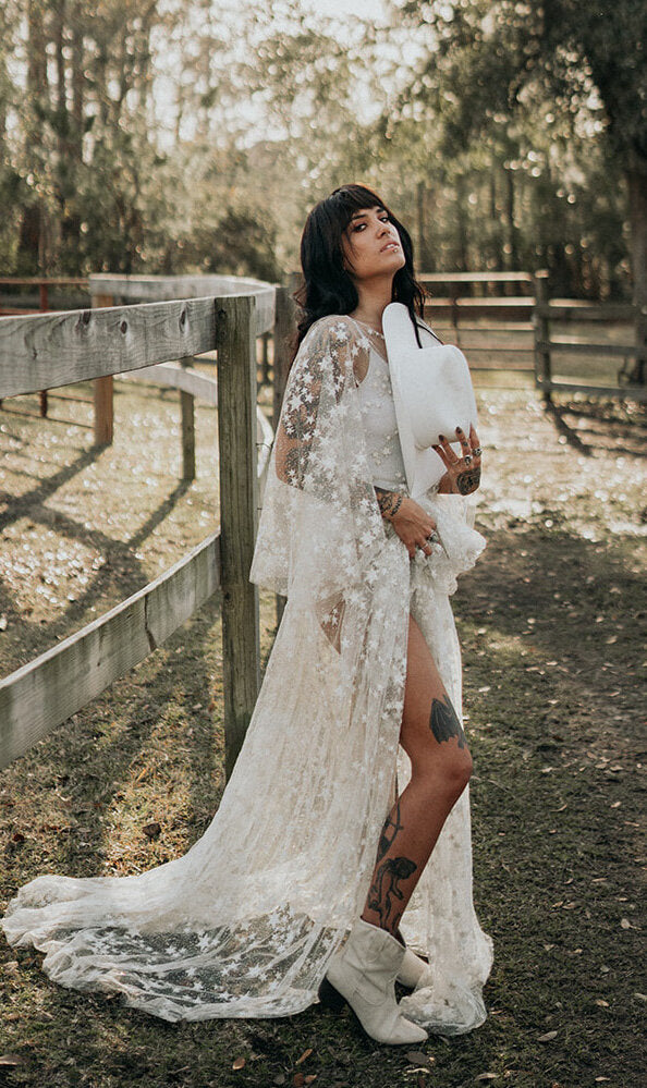 Fairytale Ethereal Dream Elegant Modern Long Sleeve Wedding Dress with Stars