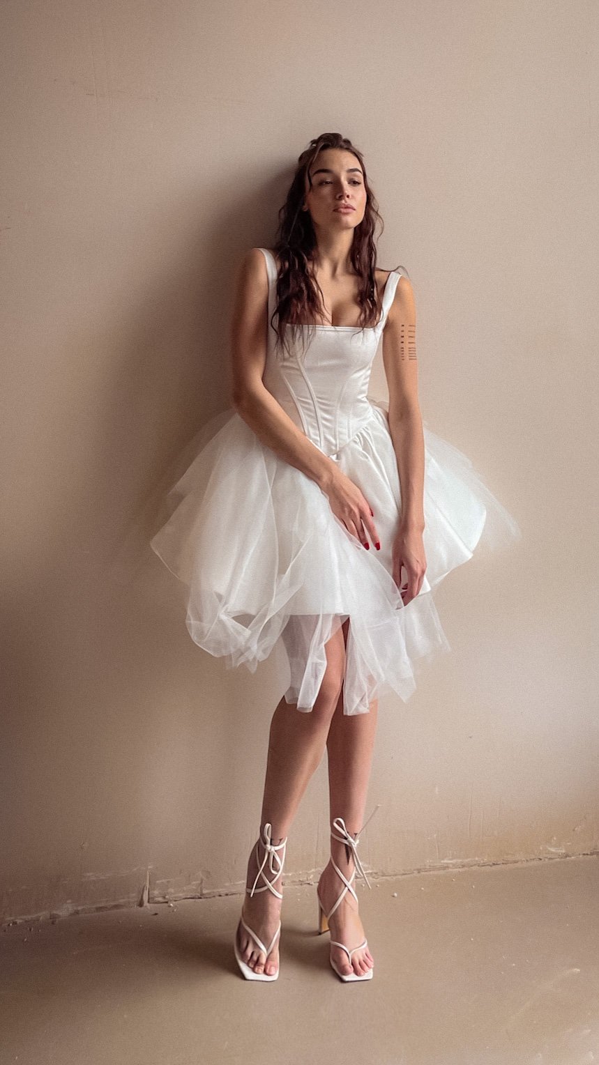 Short Wedding Dress with Basque Dropped Waist | Bridal Mini Corset 2024