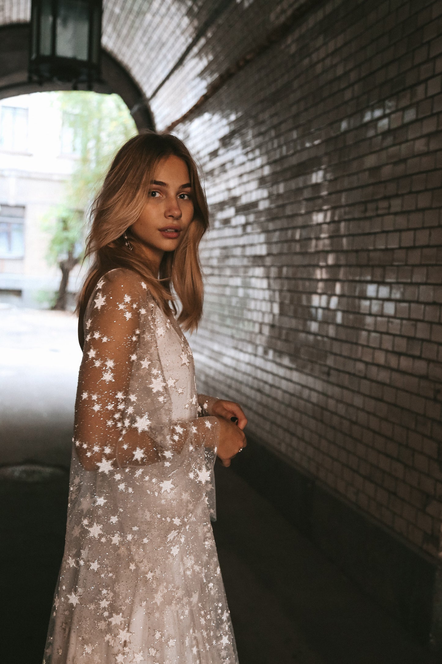 Fairytale Ethereal Dream Elegant Modern Long Sleeve Wedding Dress with Stars